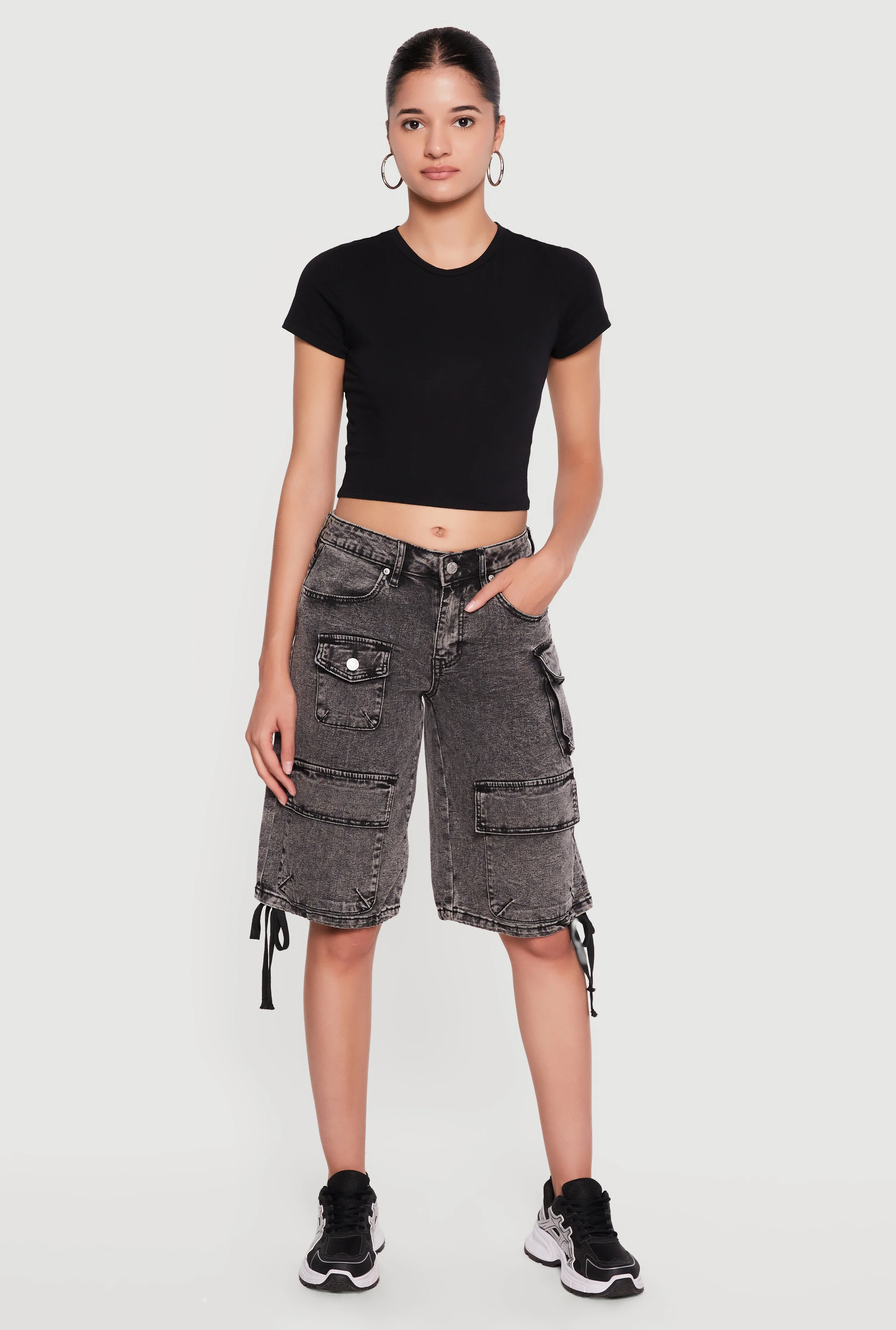 Drawstring Hem Acid Wash Cargo Bermuda Shorts