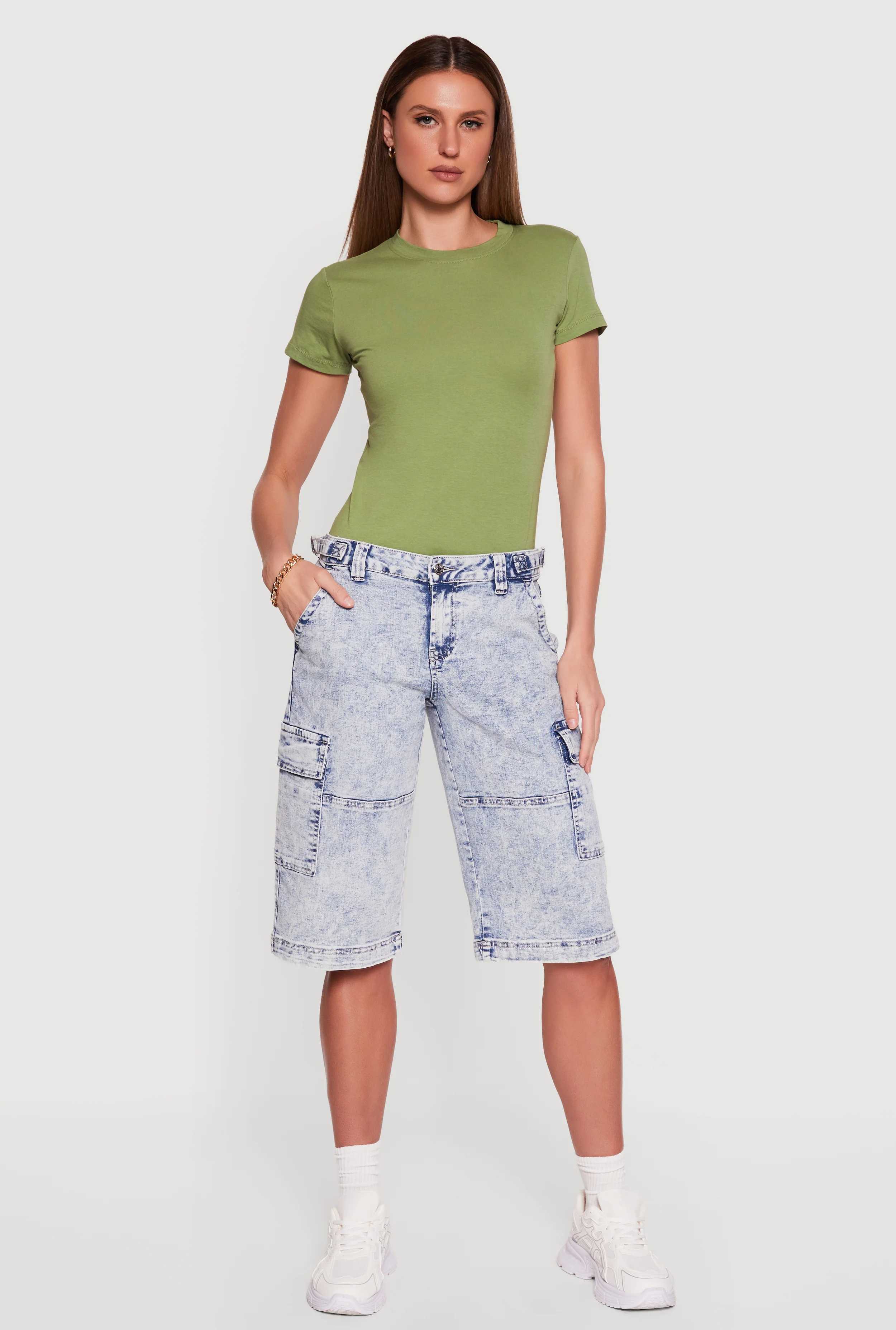 Almost Famous Acid Wash Denim Cargo Bermuda Shorts