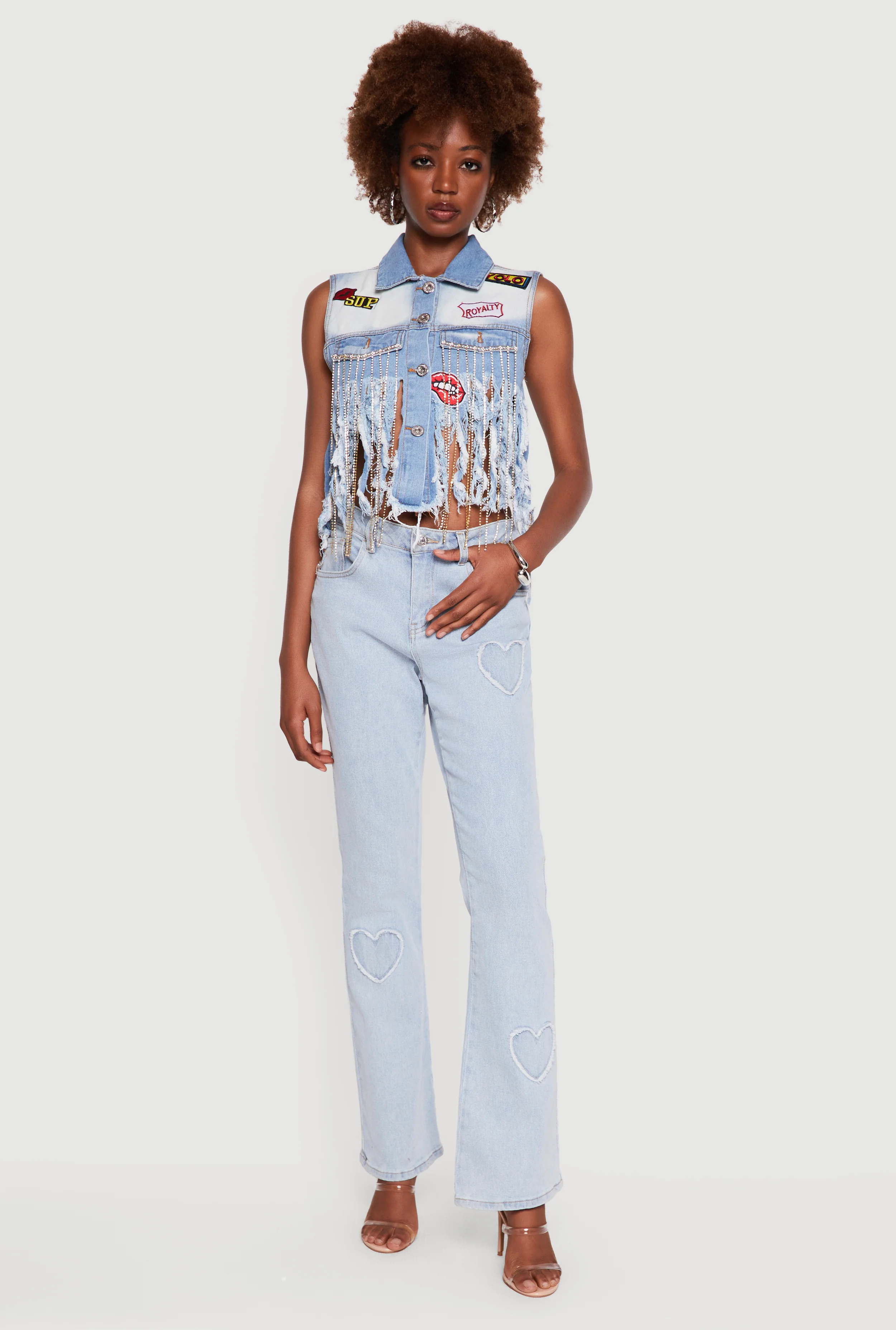 Graphic Patch Cropped Denim Vest with Rhinestone Fringe