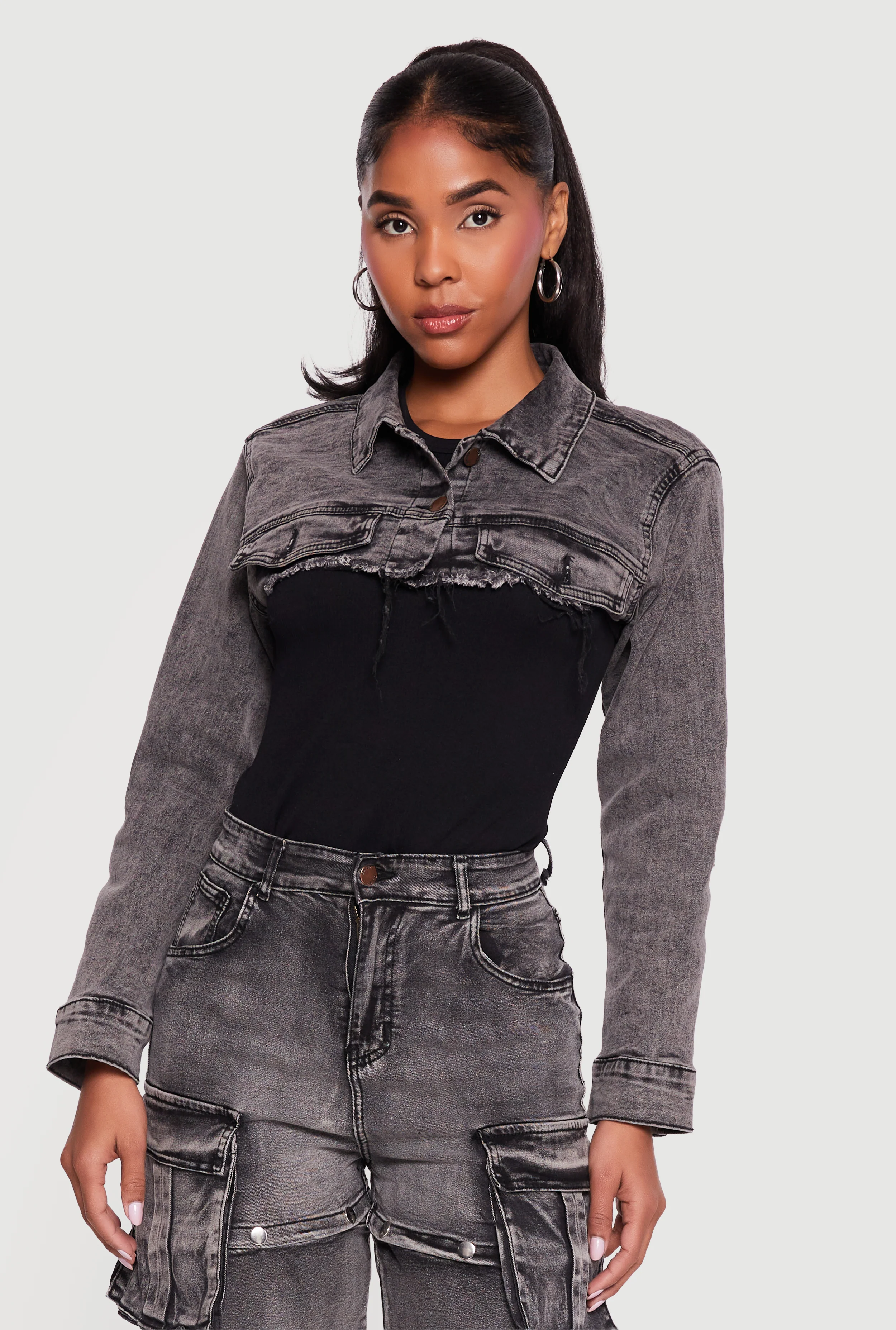 Stone Wash Frayed Denim Bolero Jacket