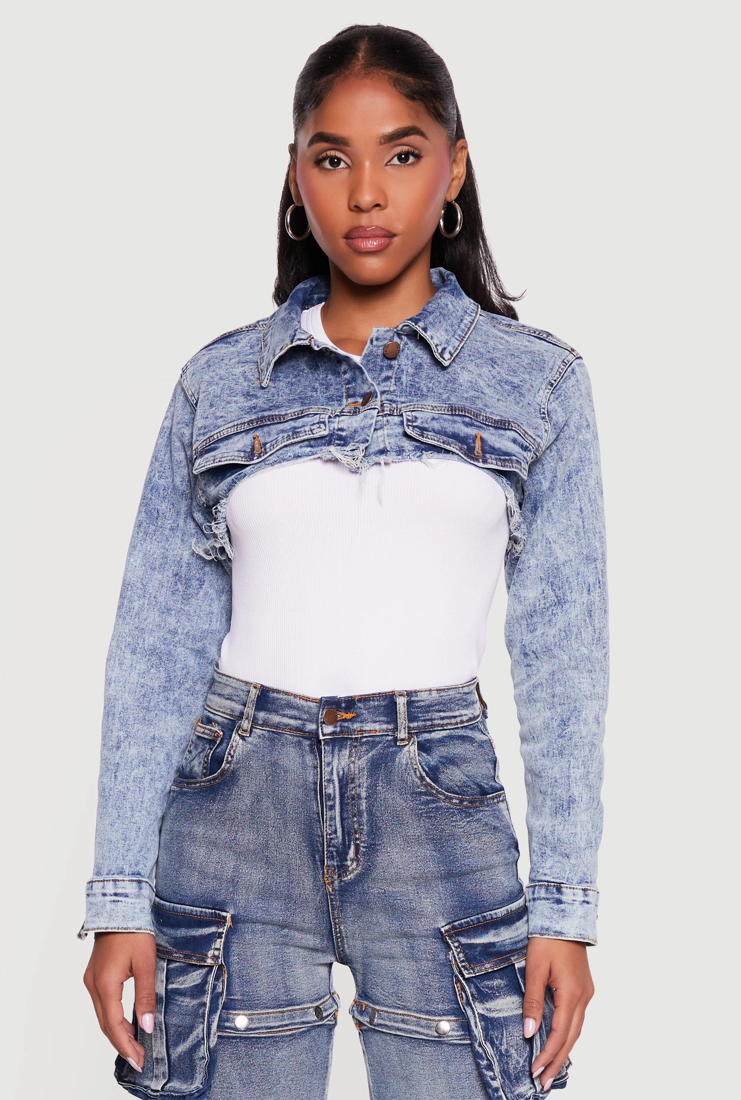 Stone Wash Frayed Denim Bolero Jacket
