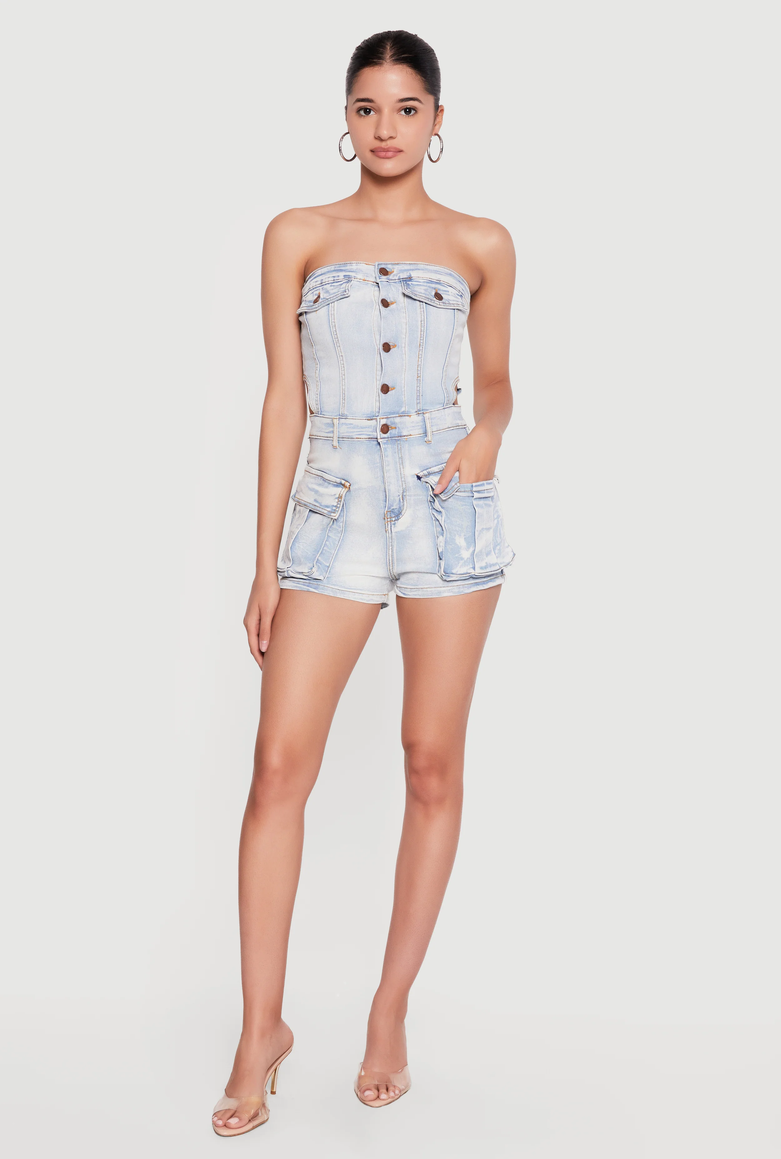 Cutout Side Cargo Pocket Denim Rompers