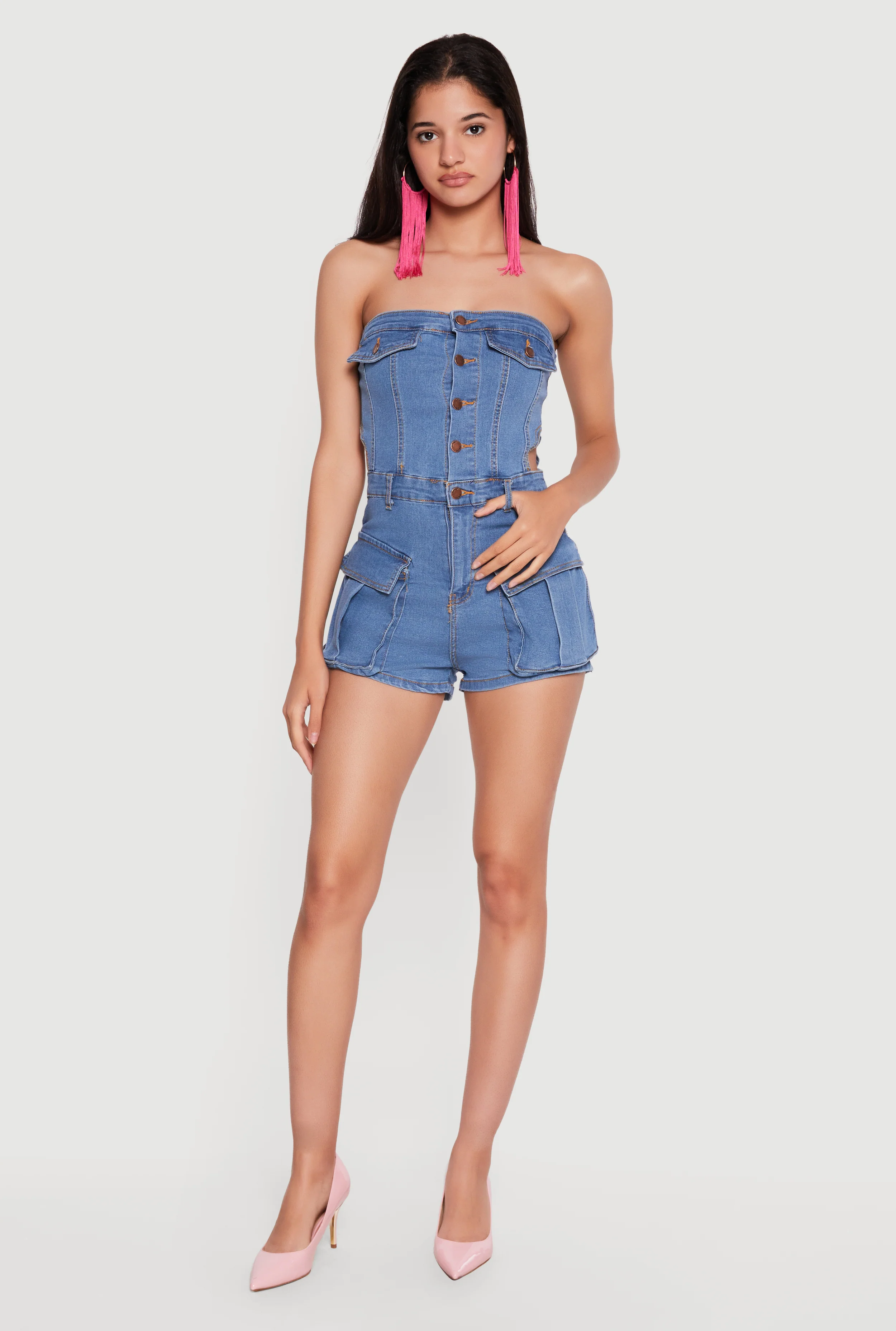 Denim Button Front Cargo Pocket Romper