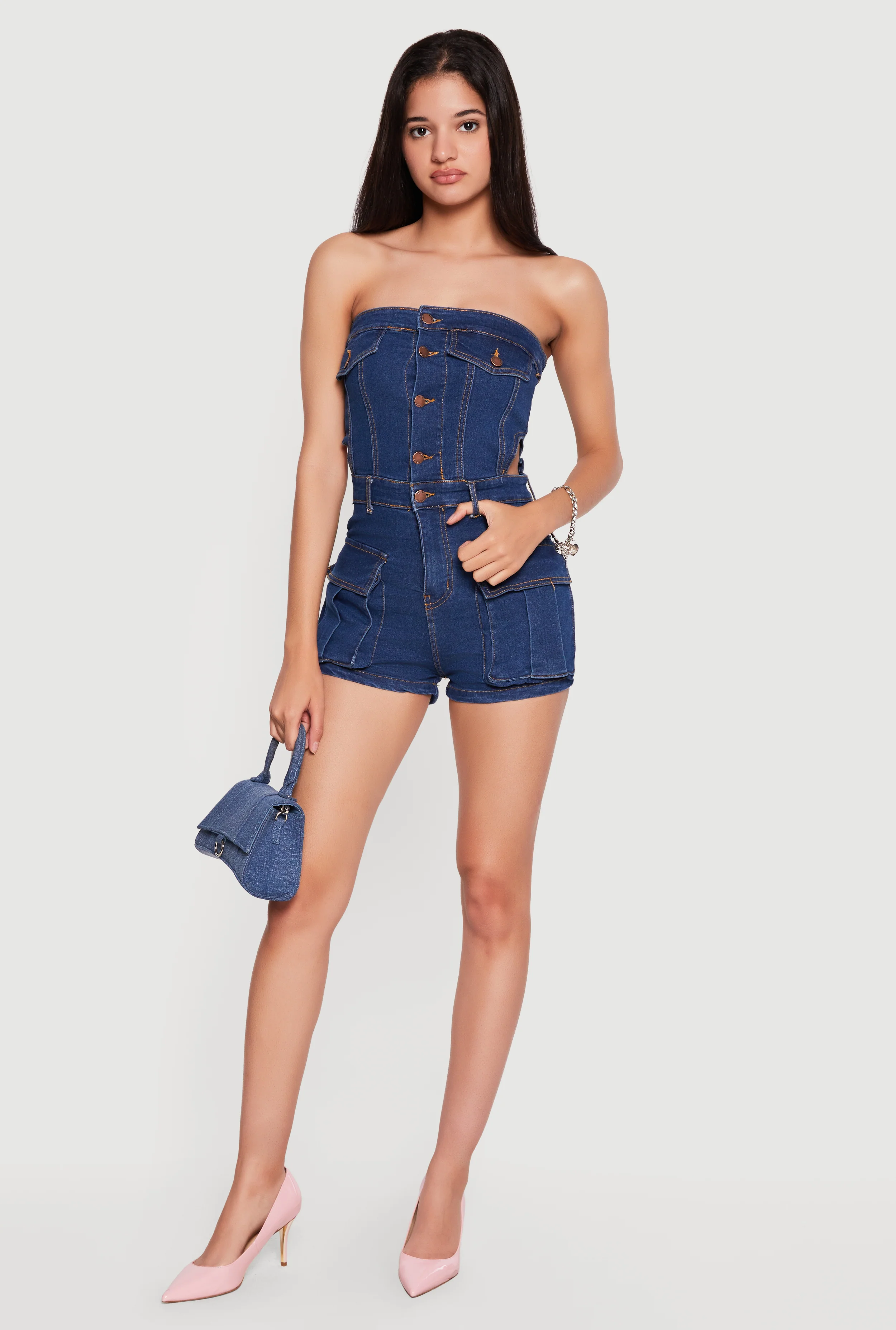 Denim Button Front Cargo Pocket Romper