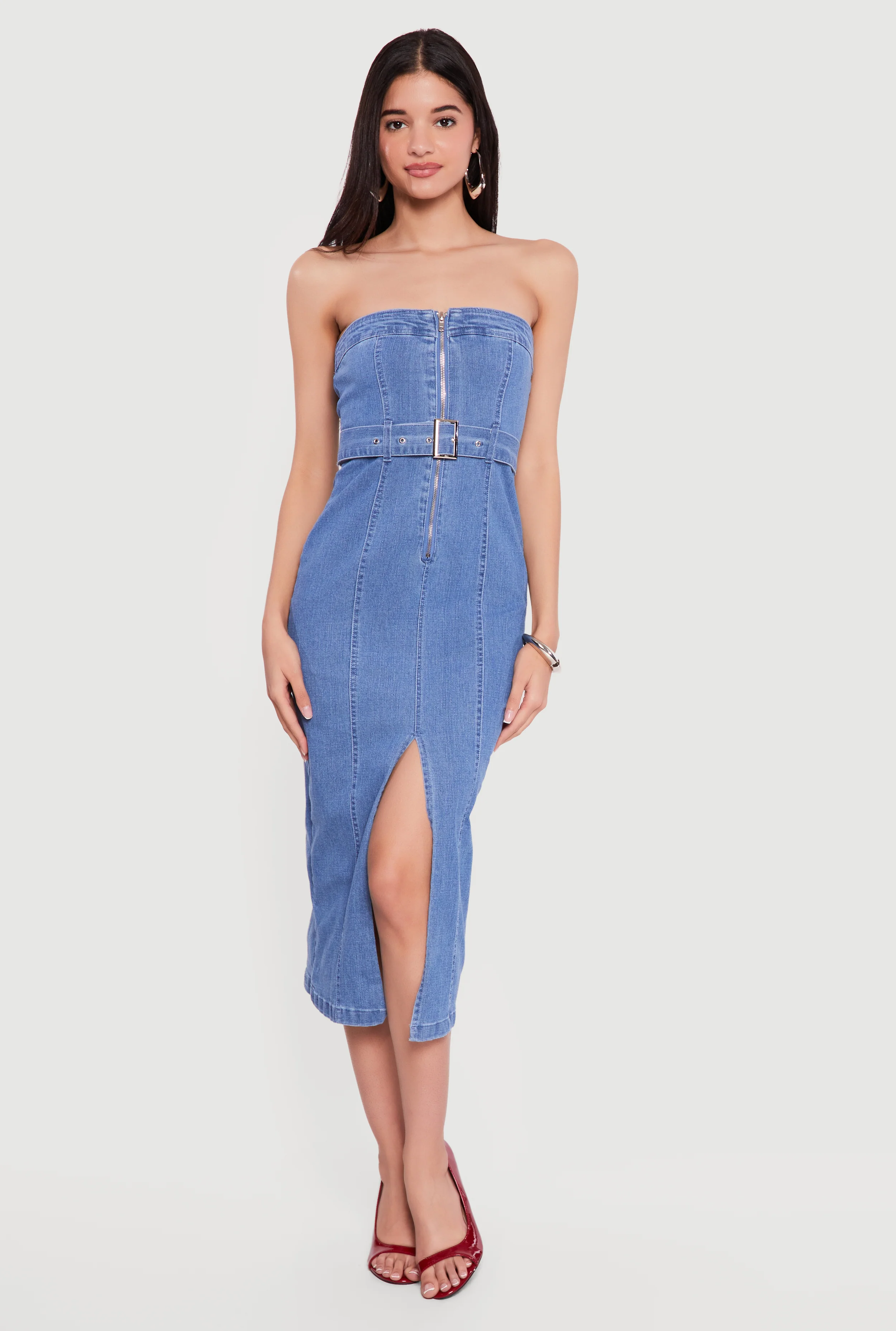 Zip Front Strapless Denim Dress with Belt