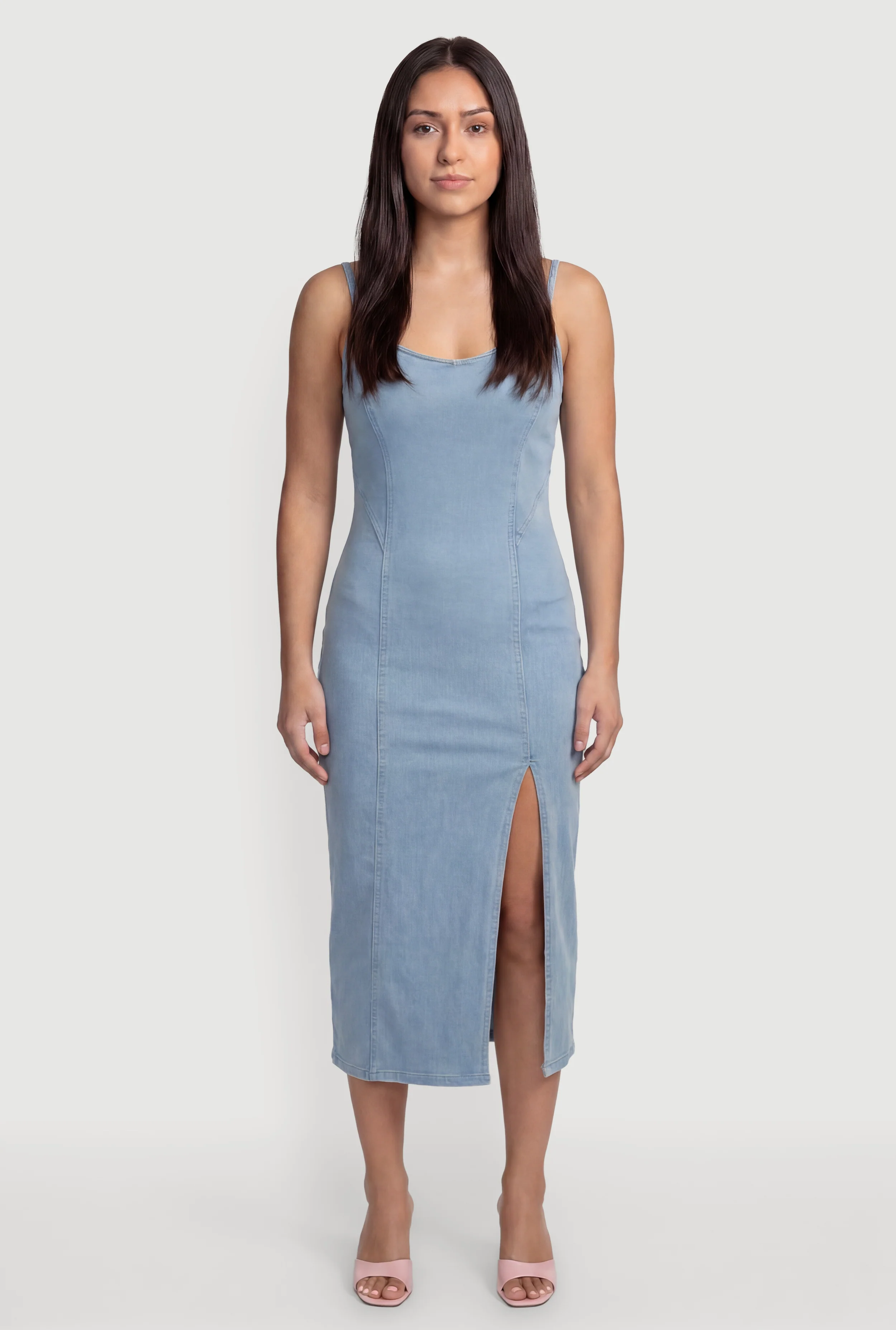 Sleeveless Zip Back Denim Dress with Side Slit