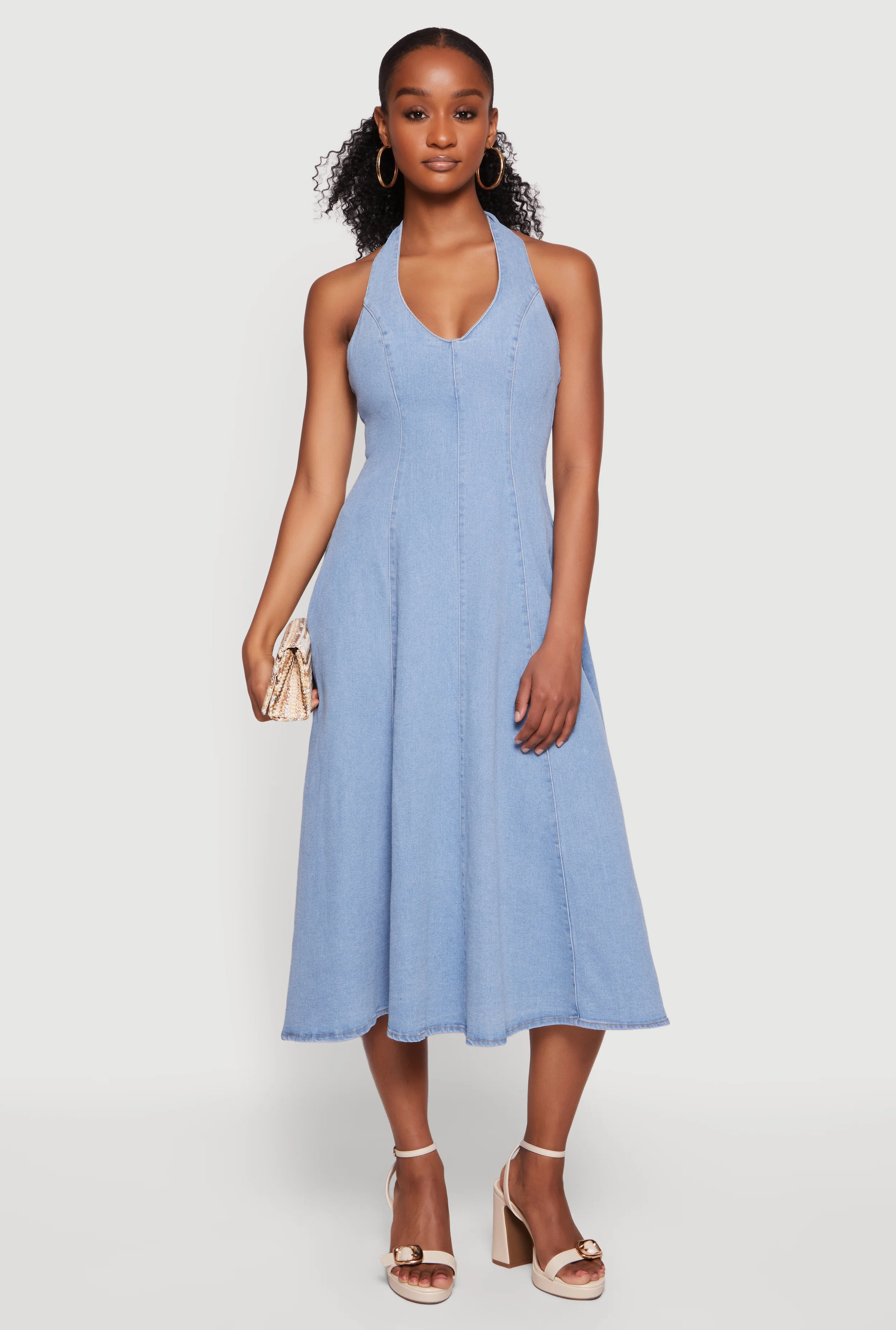 Denim Tie Back Midi Halter Dress