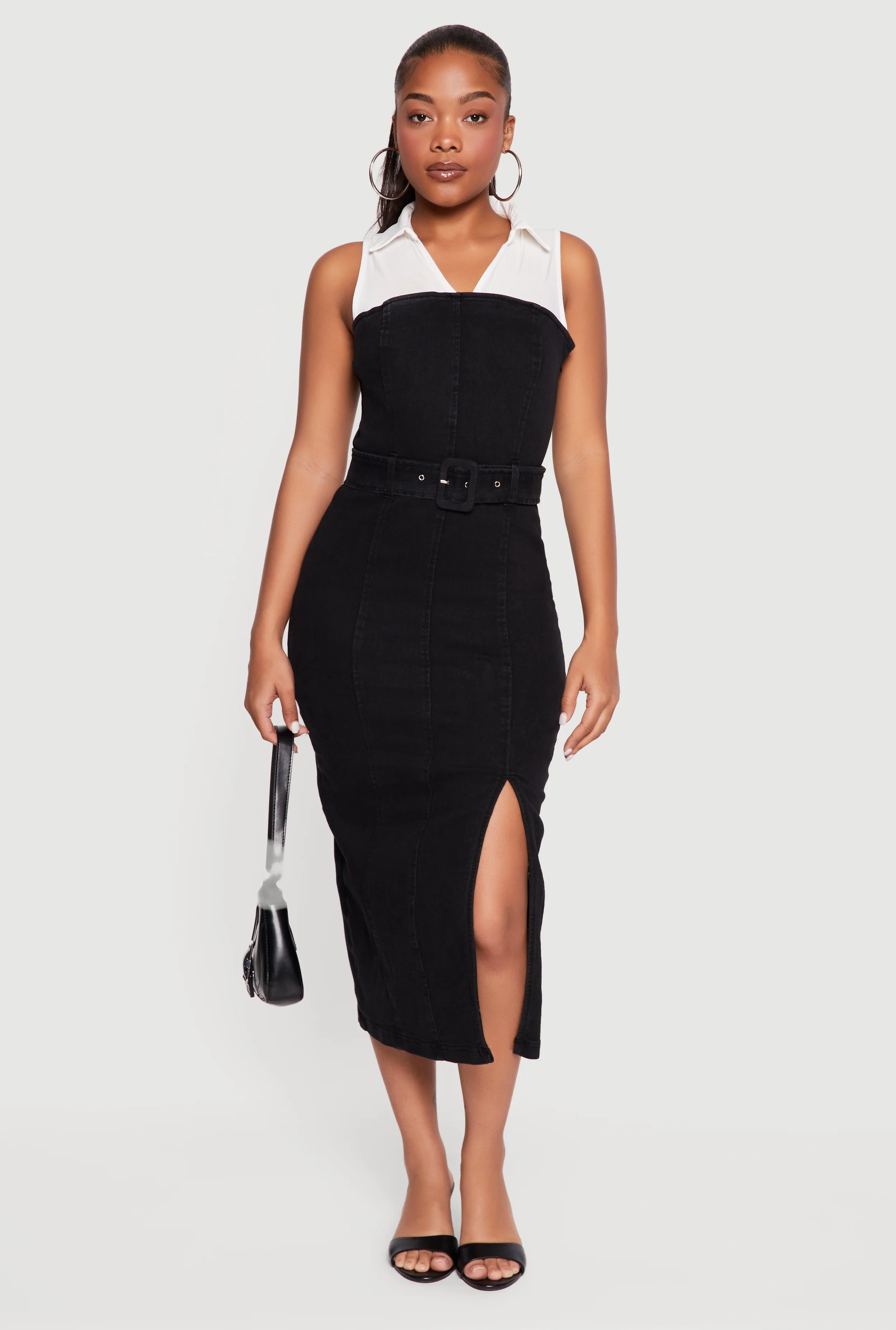 Layered Look Slit Front Belted Denim Dress