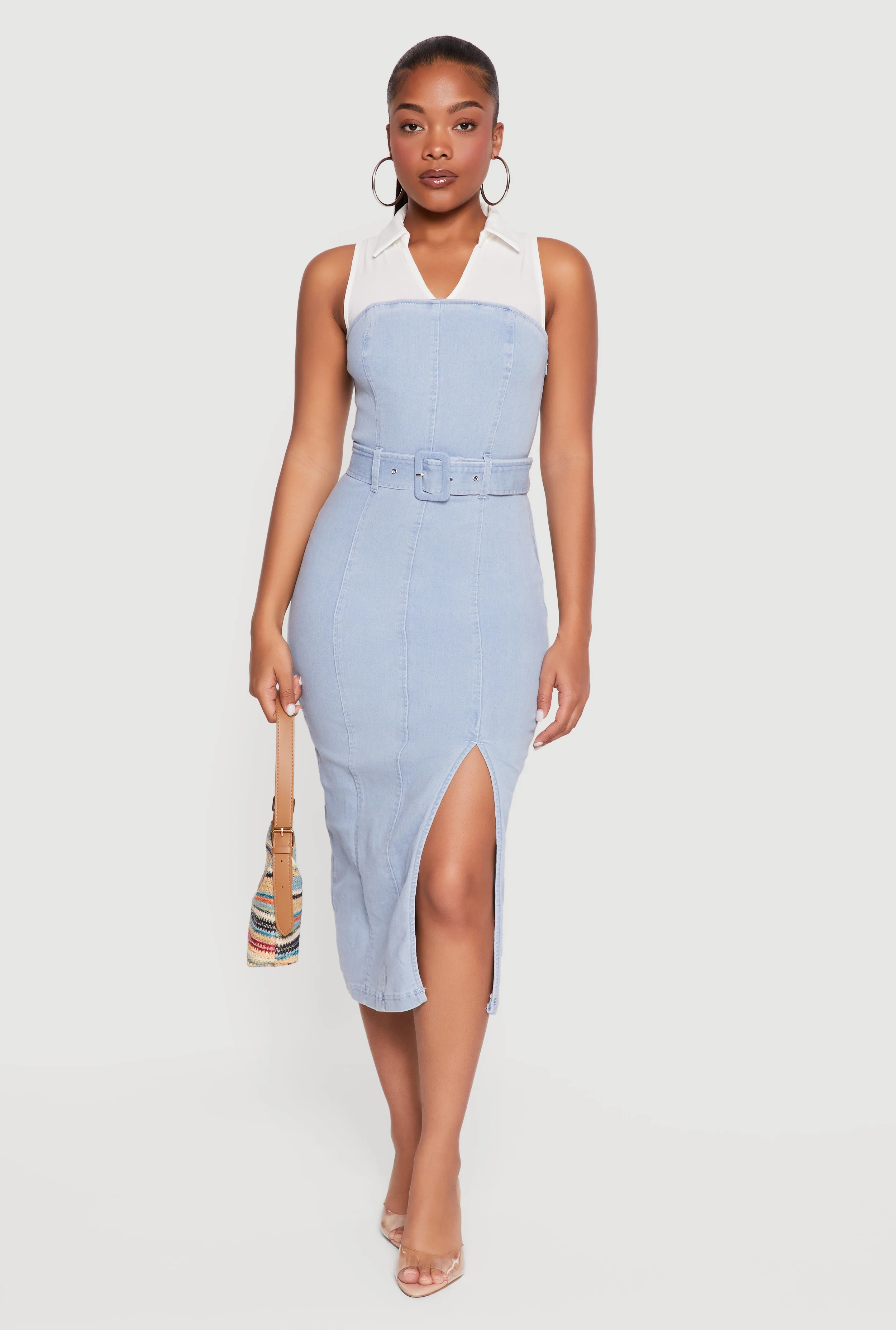 Layered Look Slit Front Belted Denim Dress