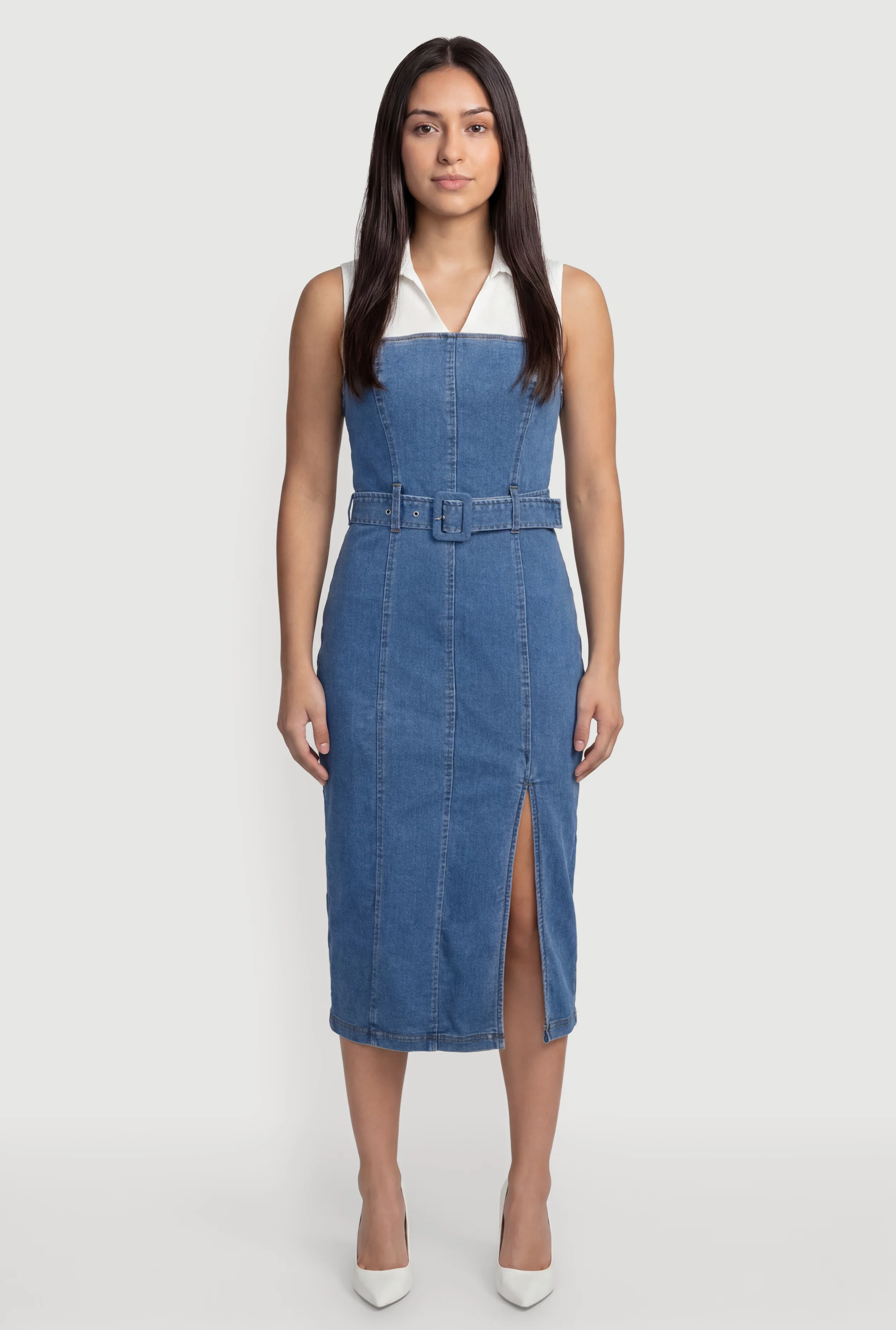Layered Look Slit Front Belted Denim Dress