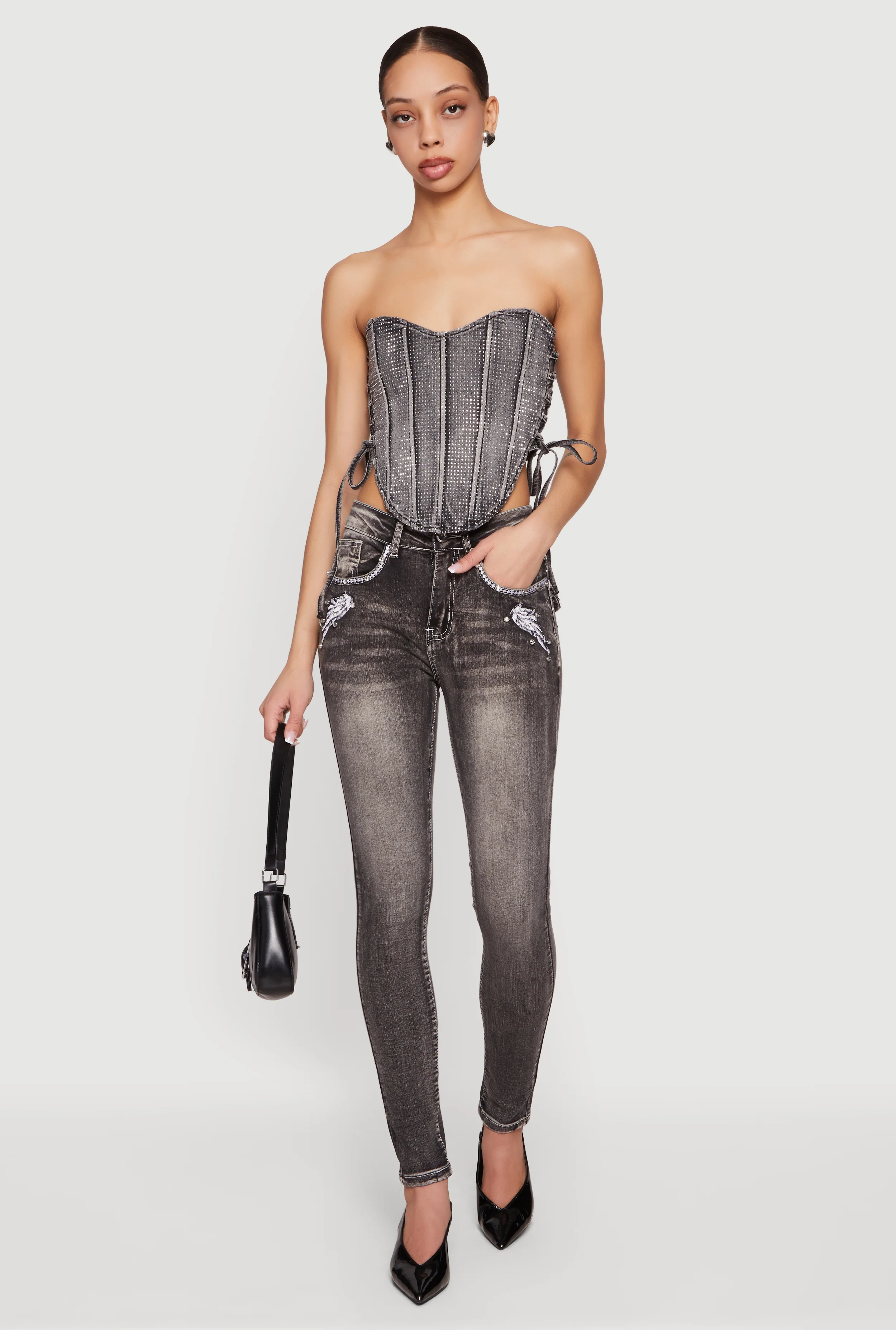 Rhinestone Denim Lace Up Side Cropped Corset Top