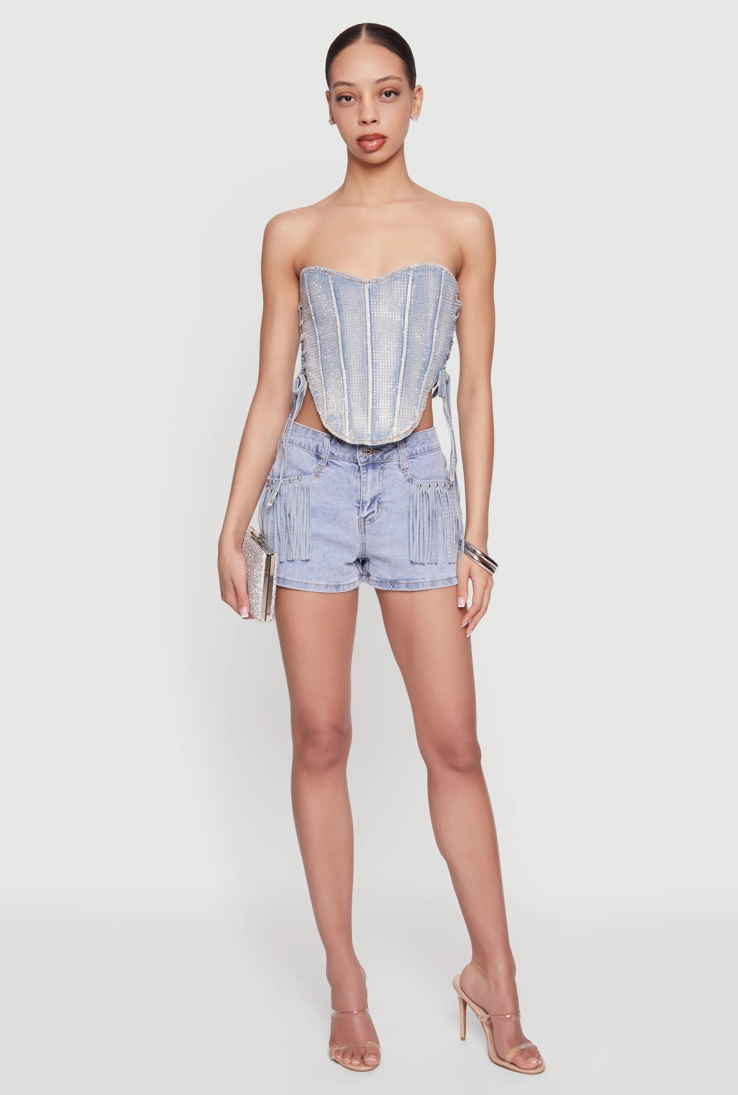 Rhinestone Denim Lace Up Side Cropped Corset Top