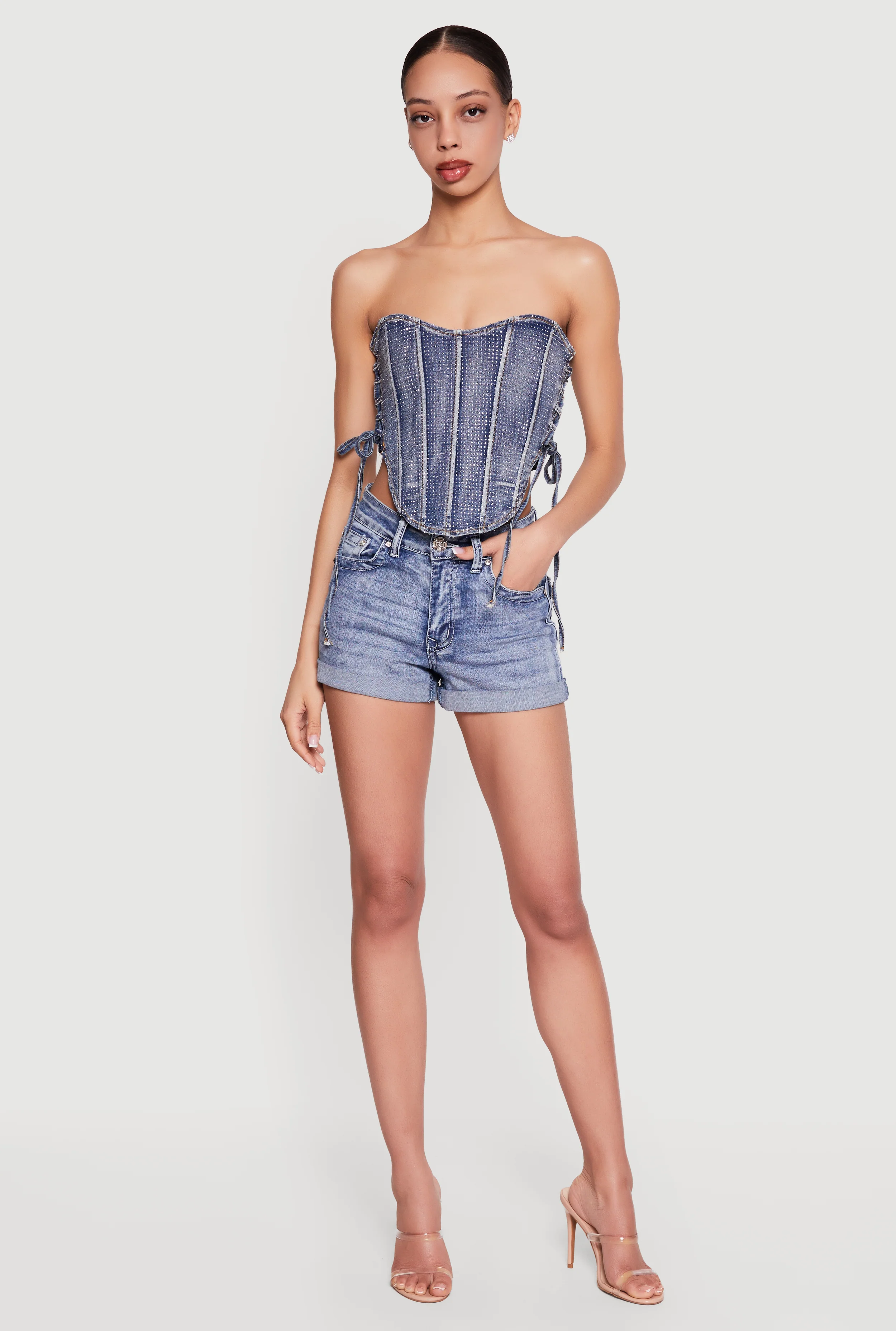 Rhinestone Denim Lace Up Side Cropped Corset Top