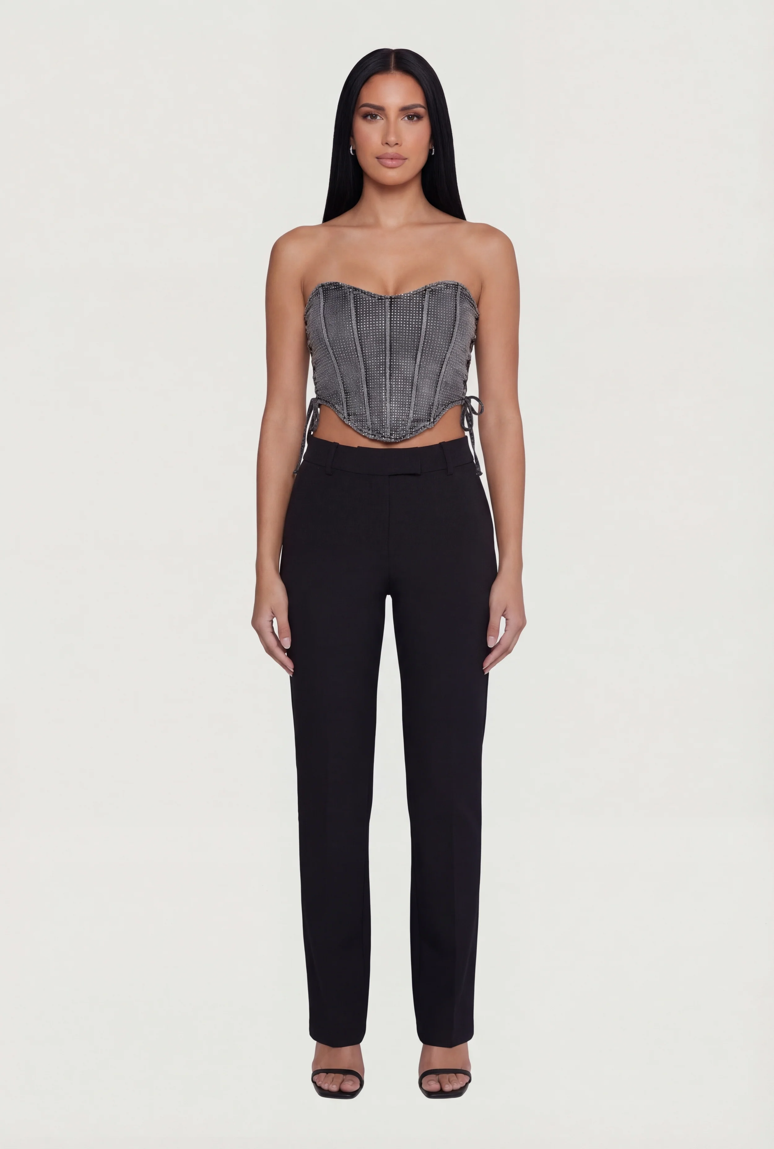 Denim Lace Up Sides Rhinestone Corset Crop Top