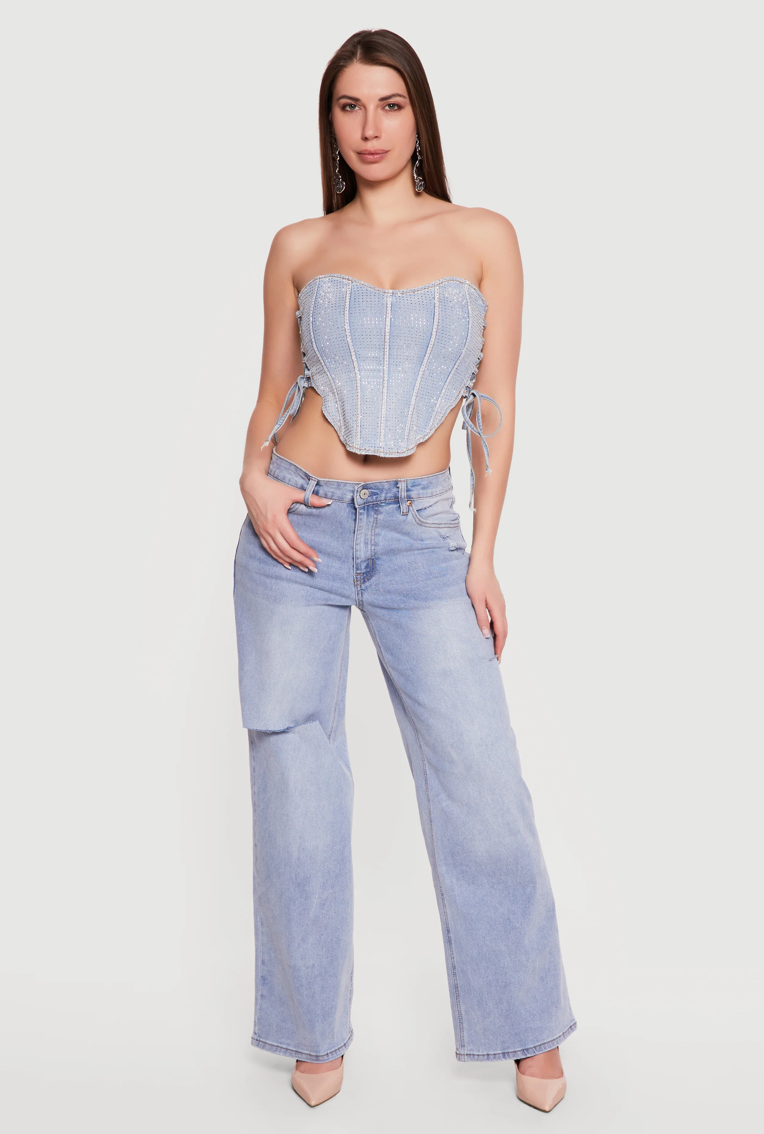 Denim Lace Up Sides Rhinestone Corset Crop Top