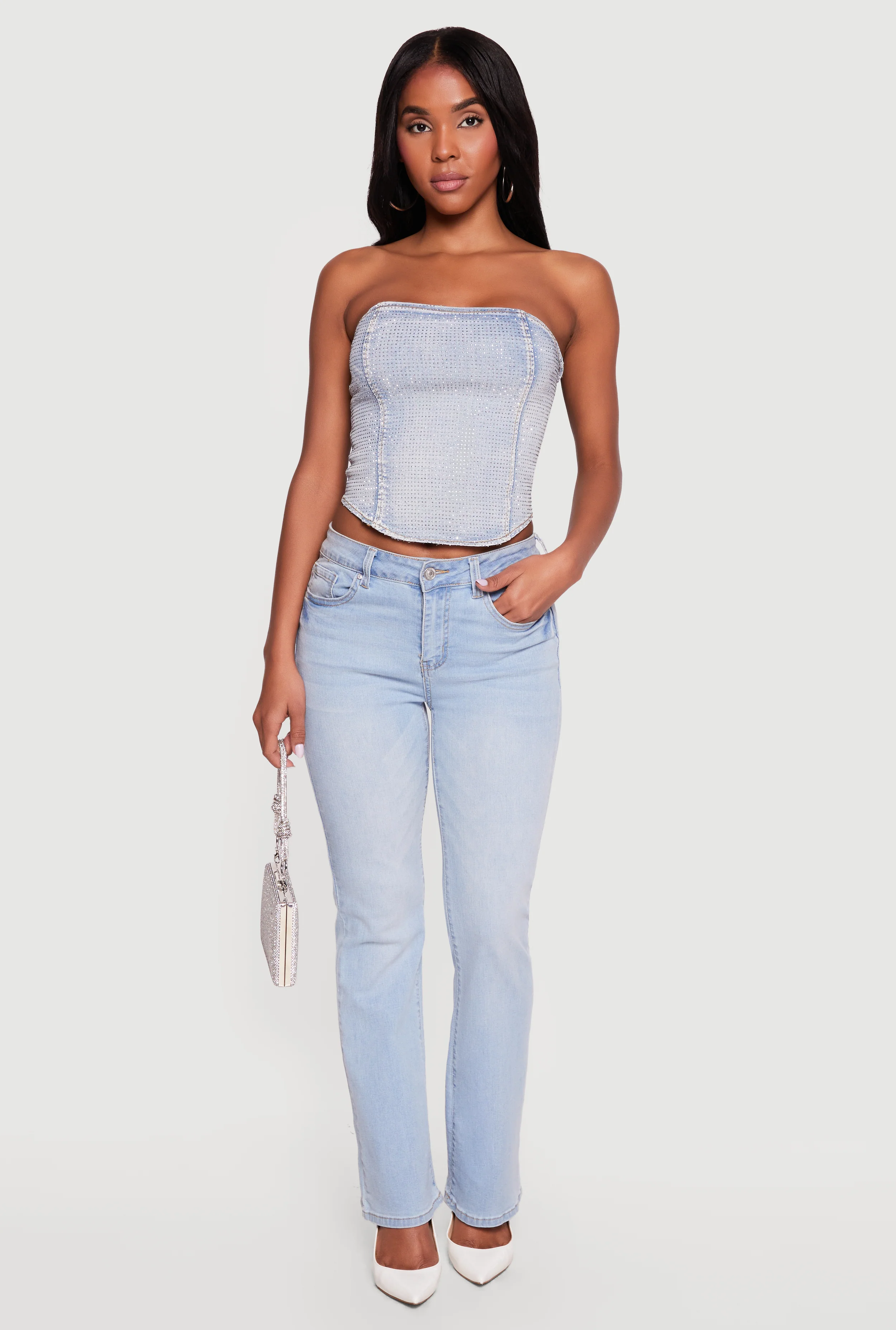 Rhinestone Studded Denim Lace Up Back Cropped Corset Top