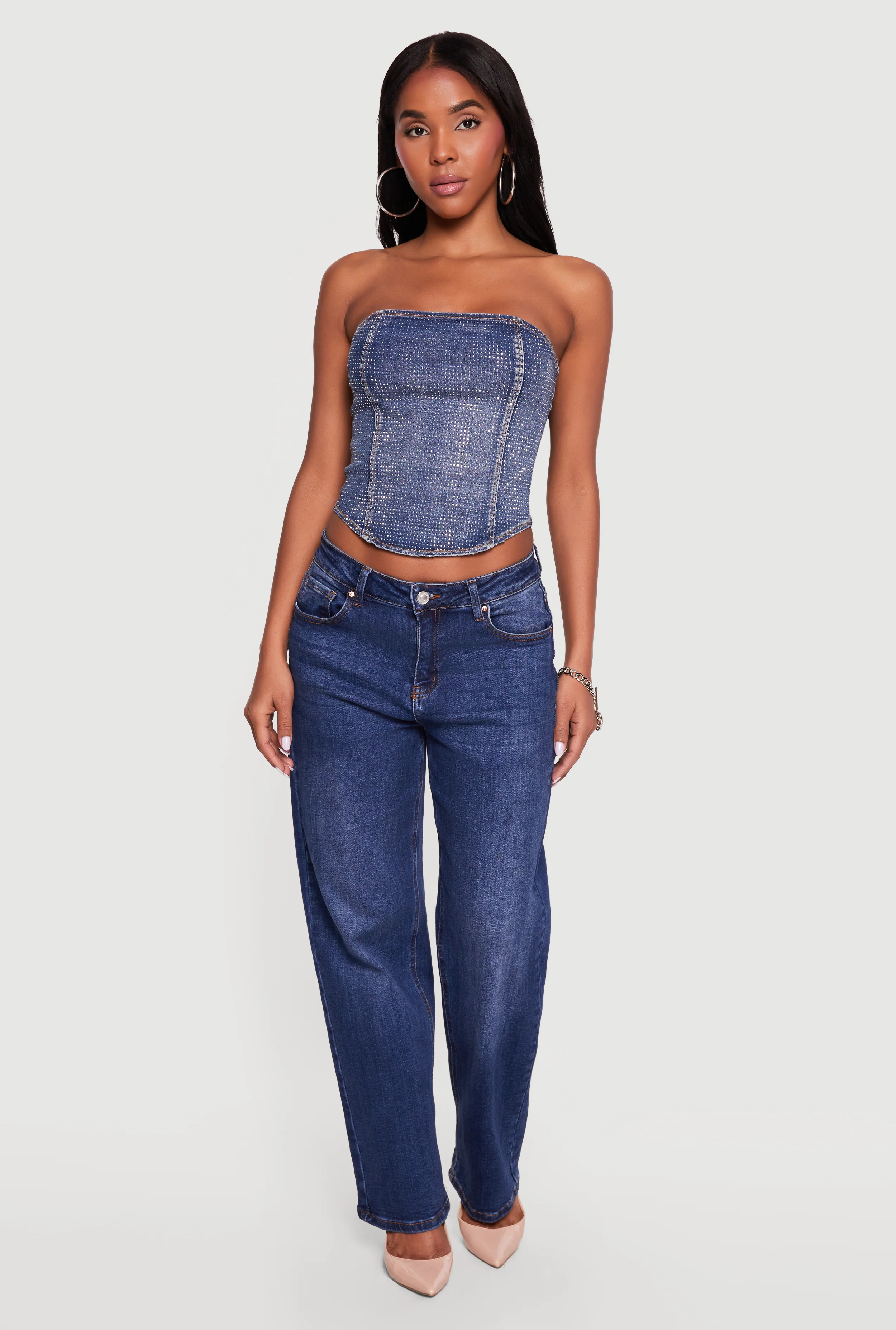 Rhinestone Studded Denim Lace Up Back Cropped Corset Top