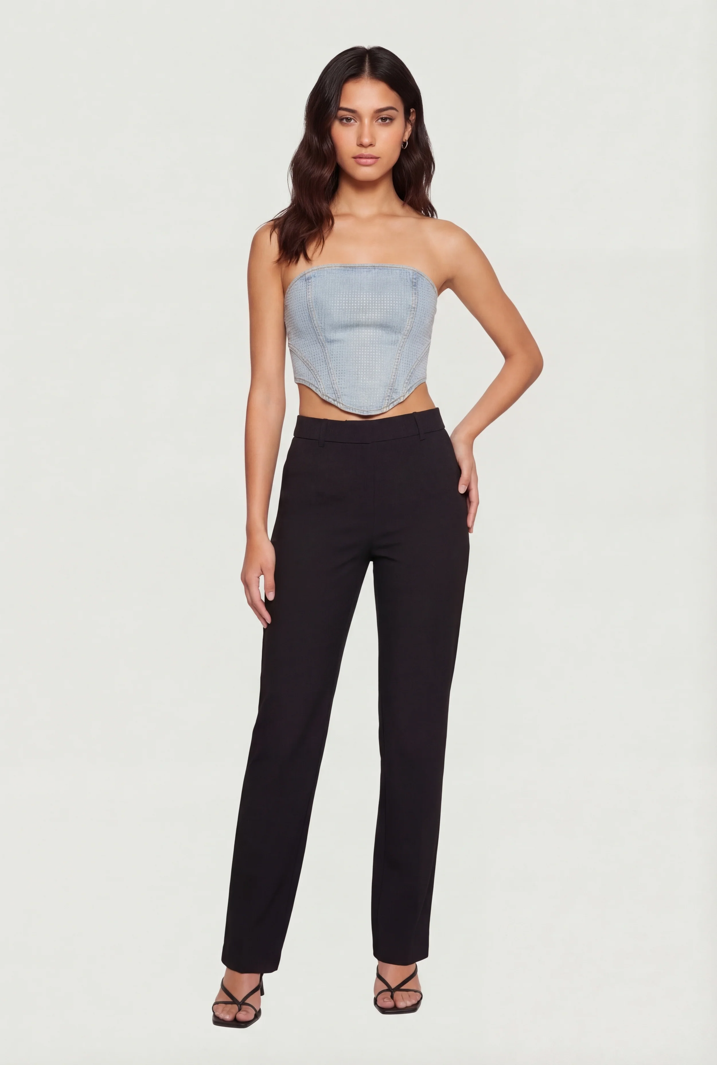 Rhinestone Studded Denim Lace Up Back Cropped Corset