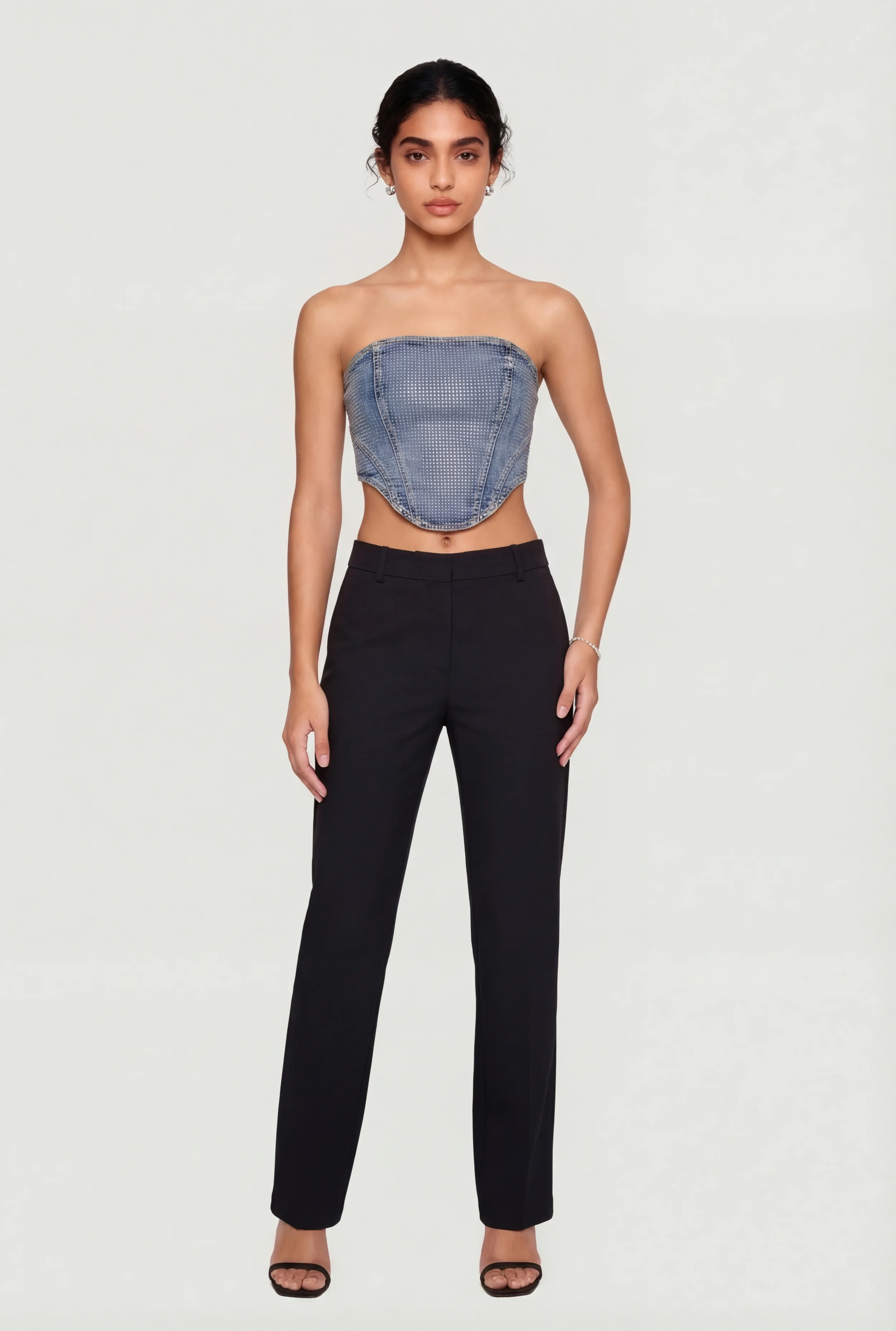 Rhinestone Studded Denim Lace Up Back Cropped Corset