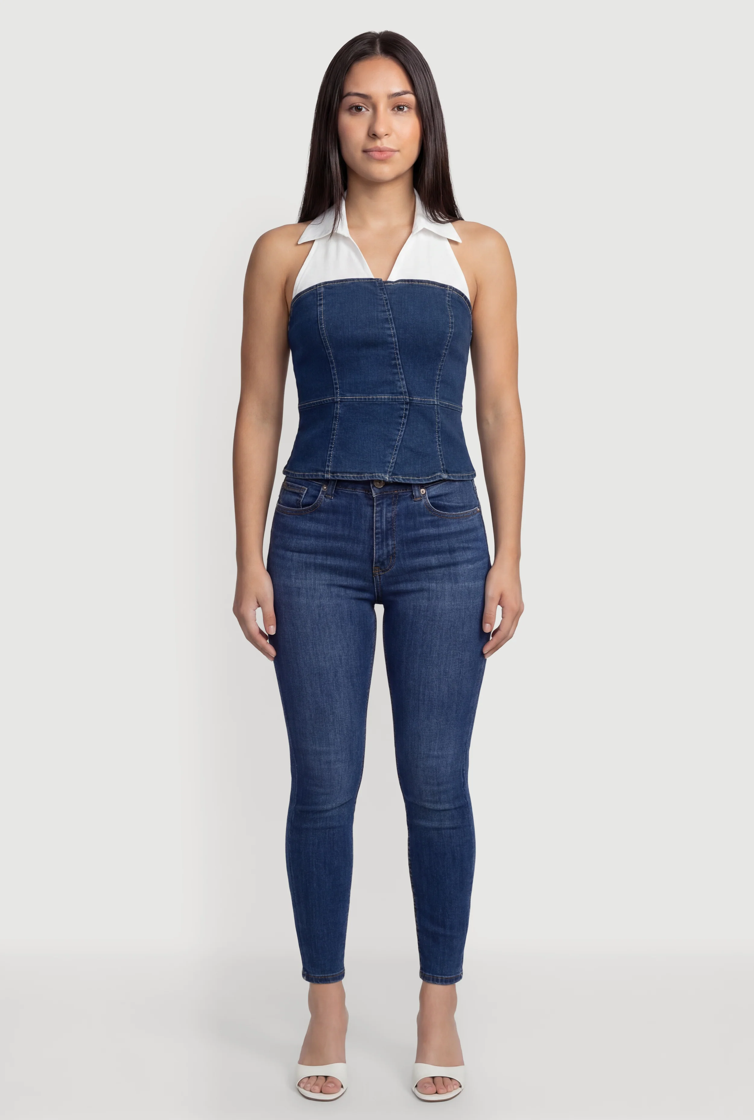 Denim Layered Look Collared Side Zip Top