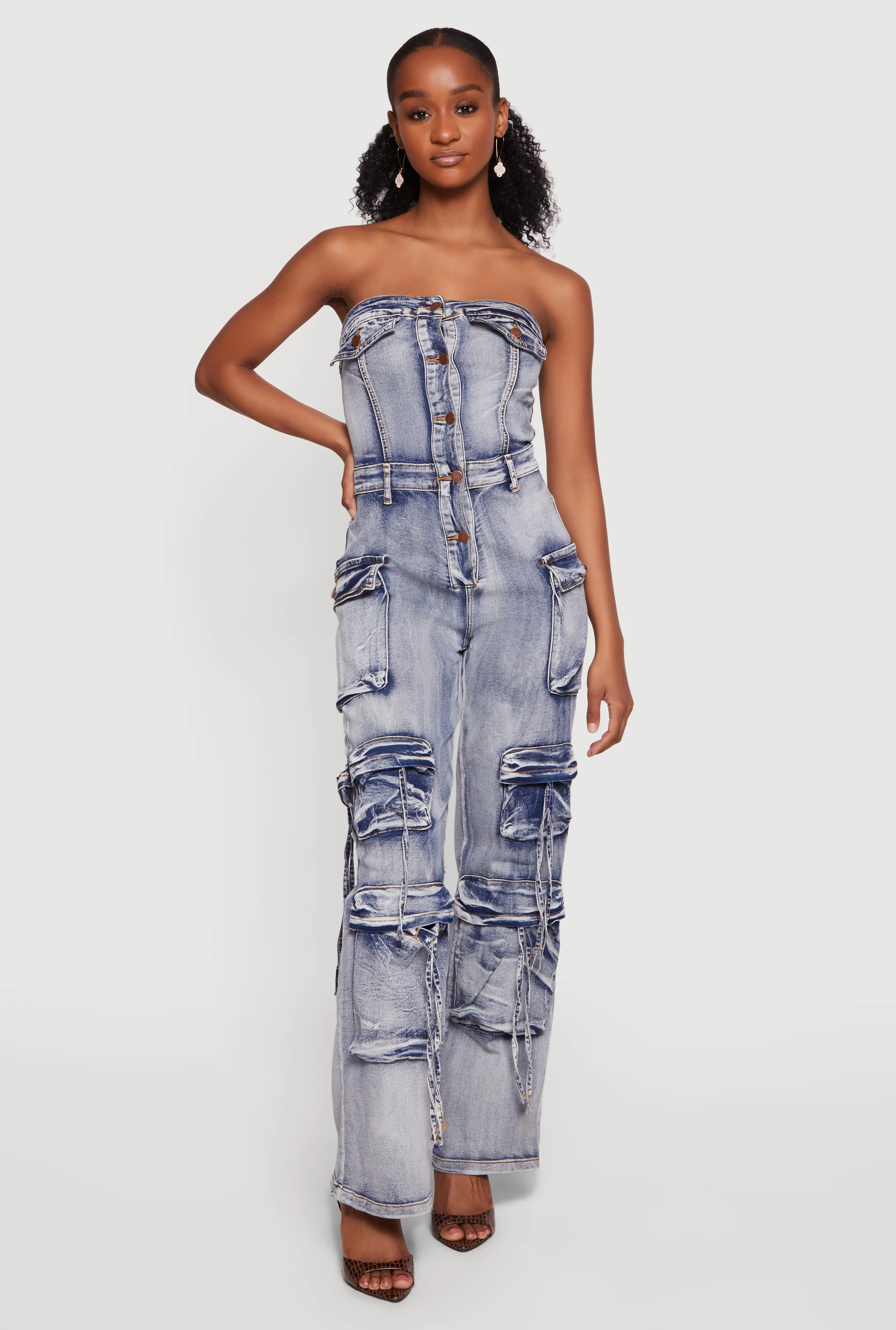 Acid Wash Button Front Cargo Pocket Jumpsuit