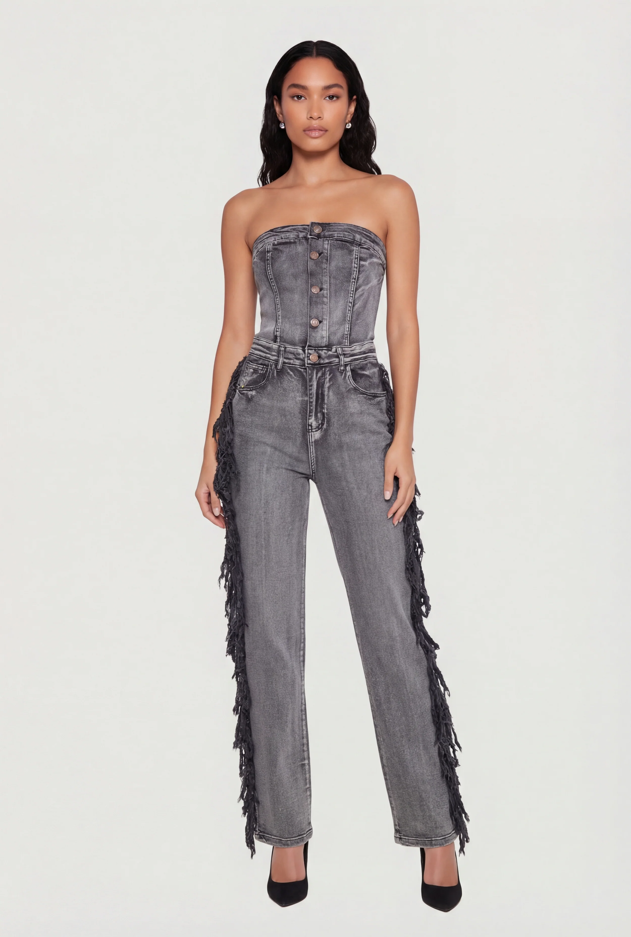 Acid Wash Denim Side Fringe Corset Tube Jumpsuit