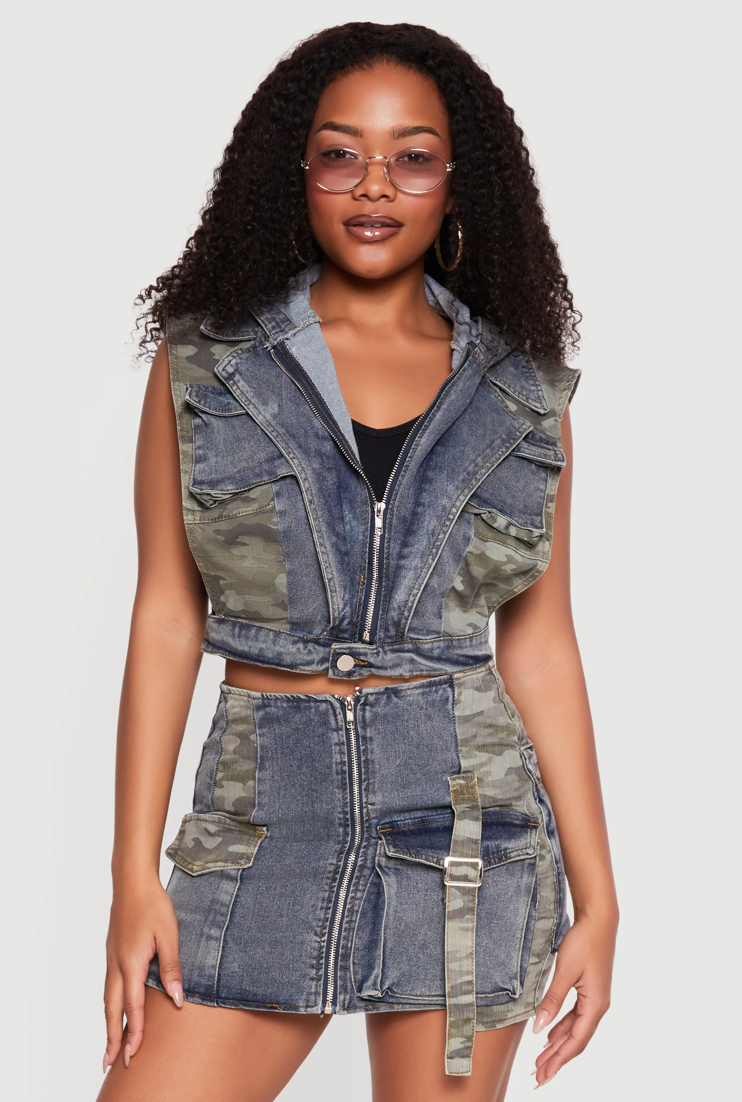 Denim Layered Look Camo Detail Open Sides Vest