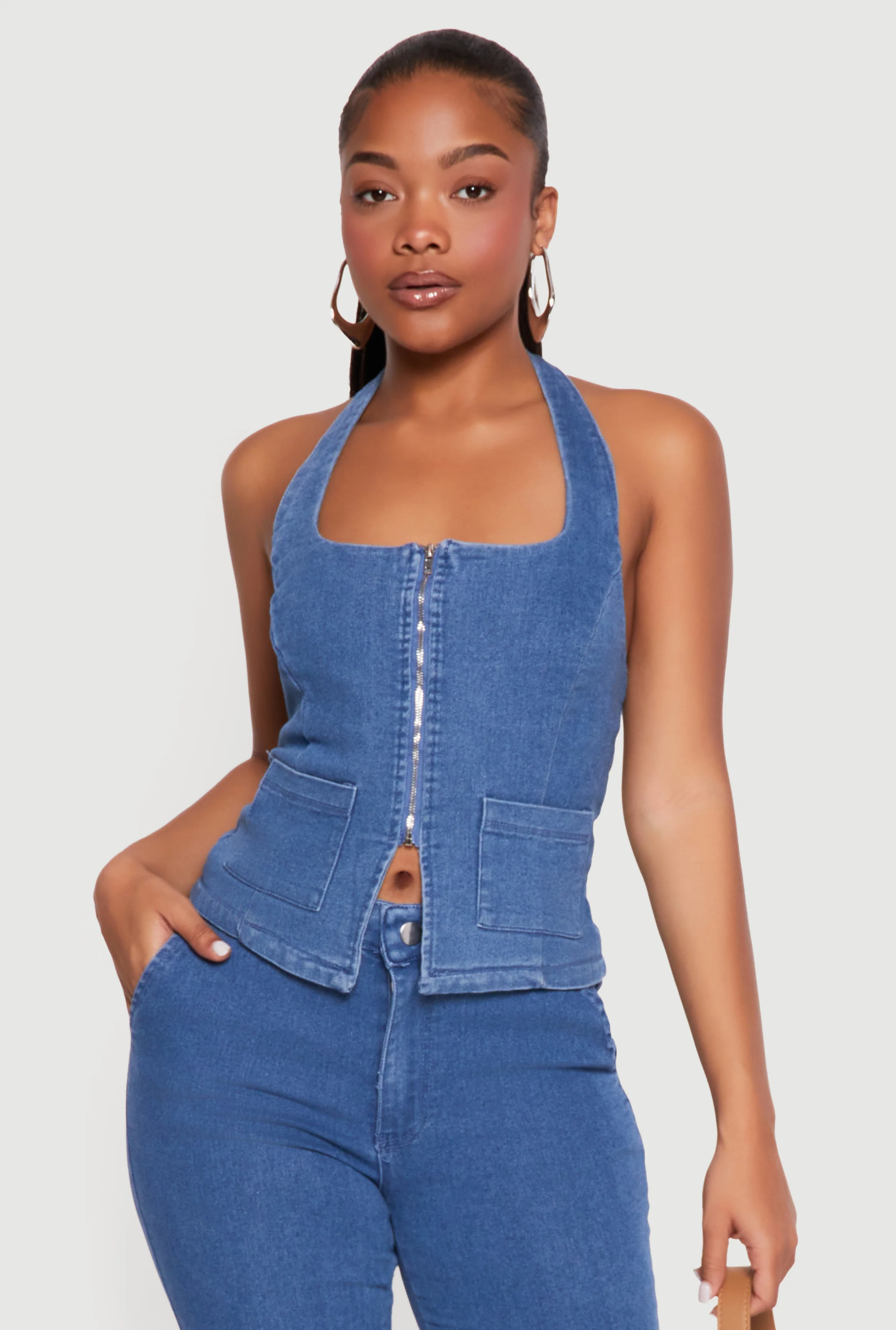 Zip Front Denim Halter Top