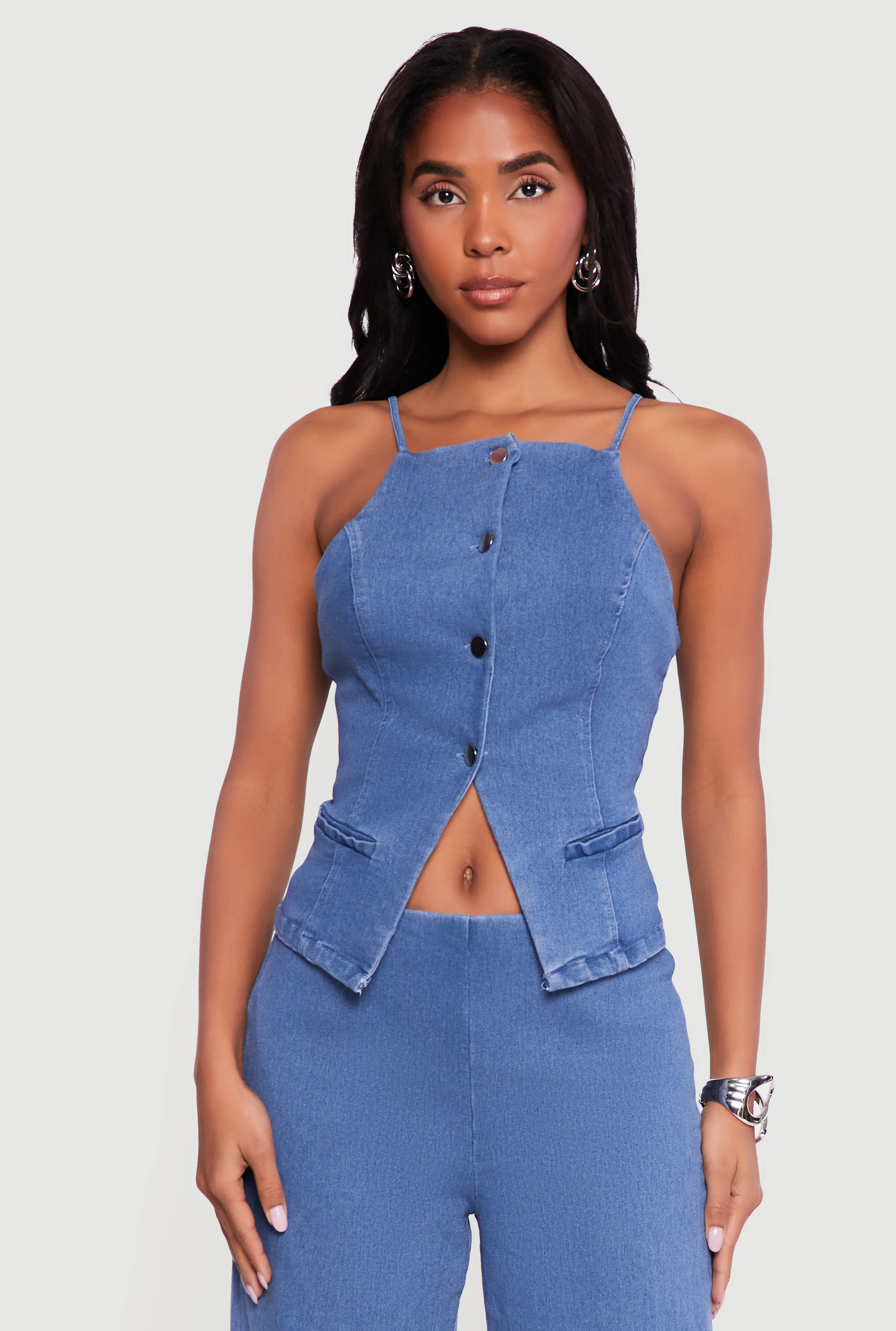 Sleeveless Button Front Denim Top