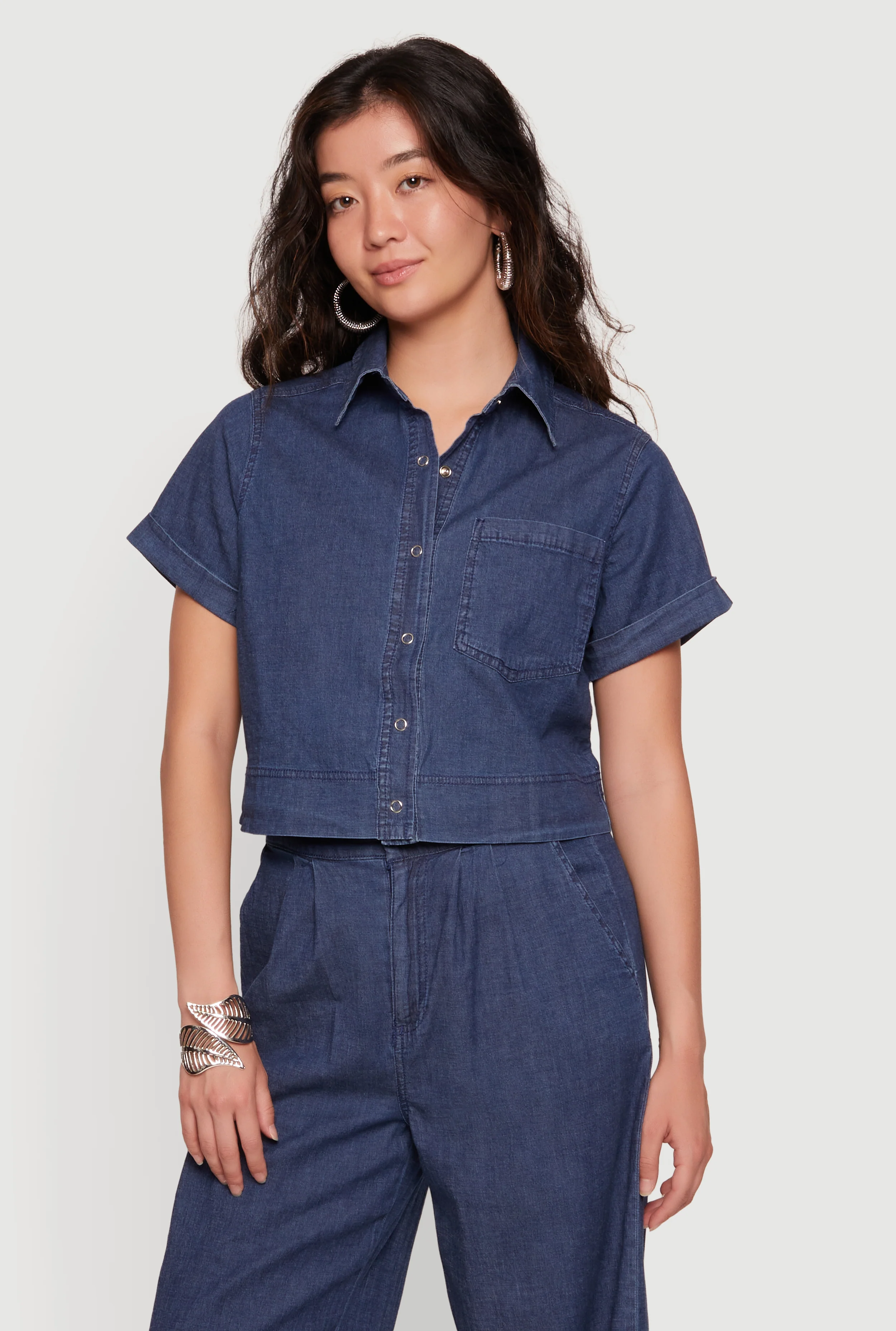 Chambray Cropped Snap Button Front Shirt