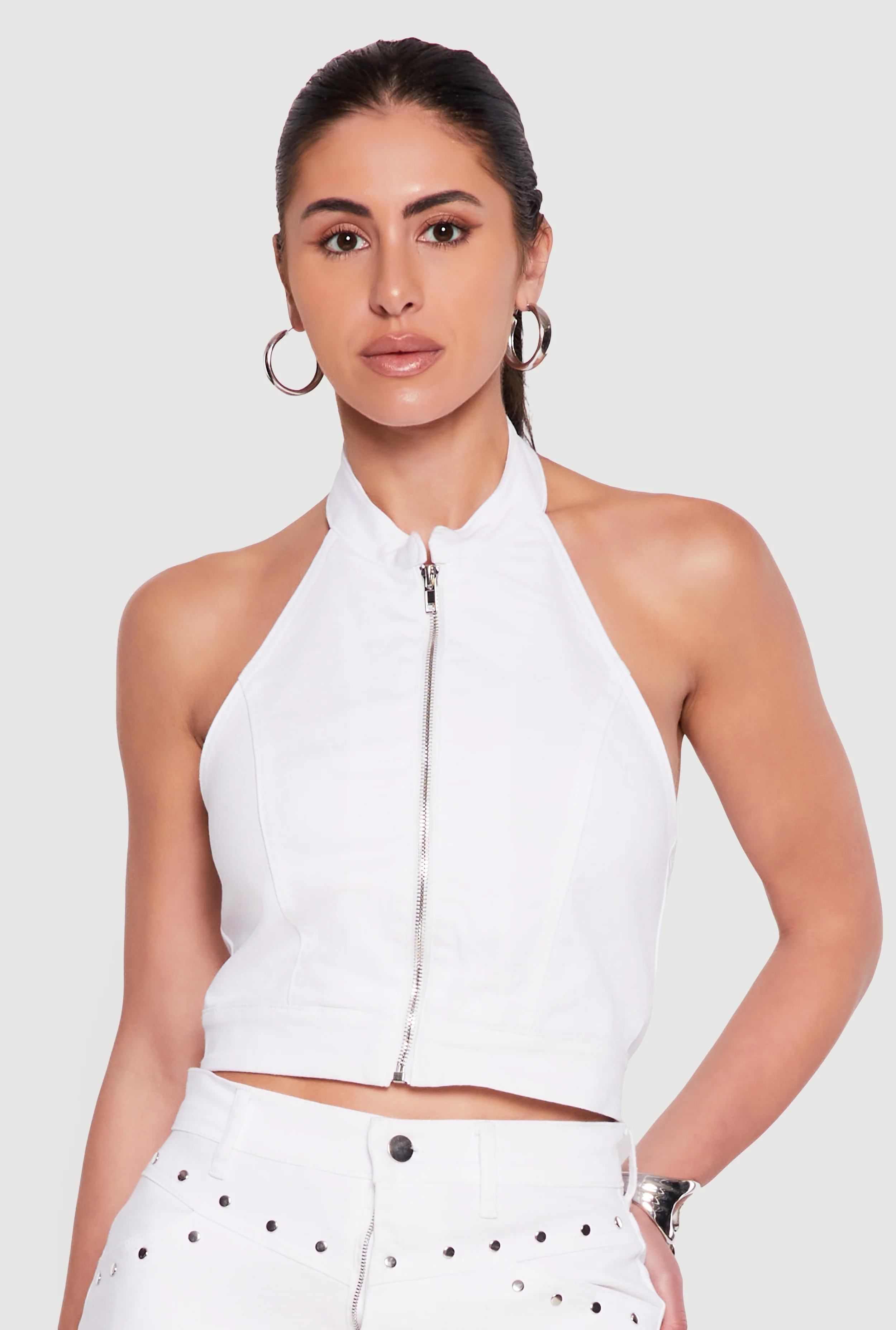 Denim Halter Neck Zip Front Crop Top