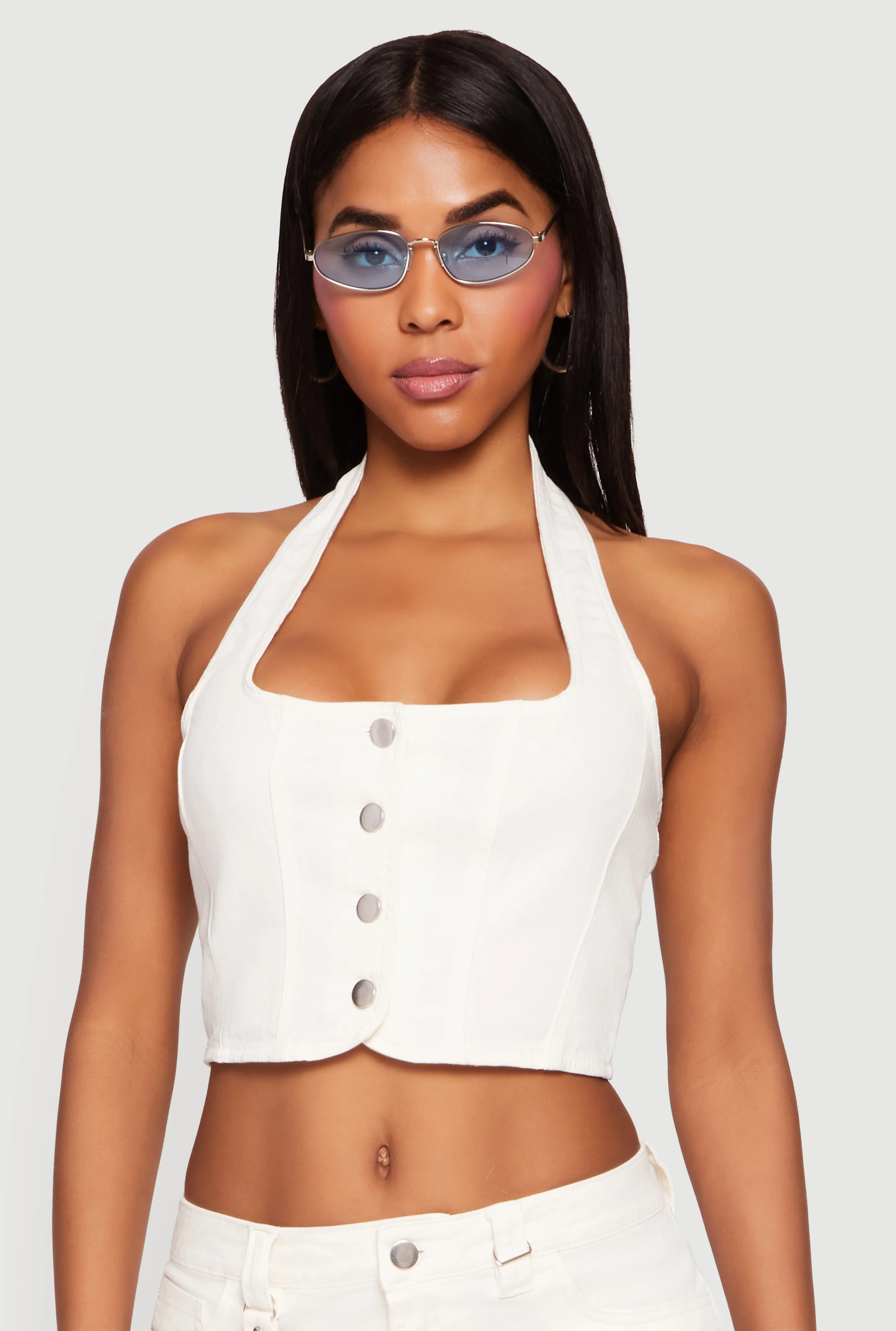 Denim Button Front Cropped Halter Blazer Vest