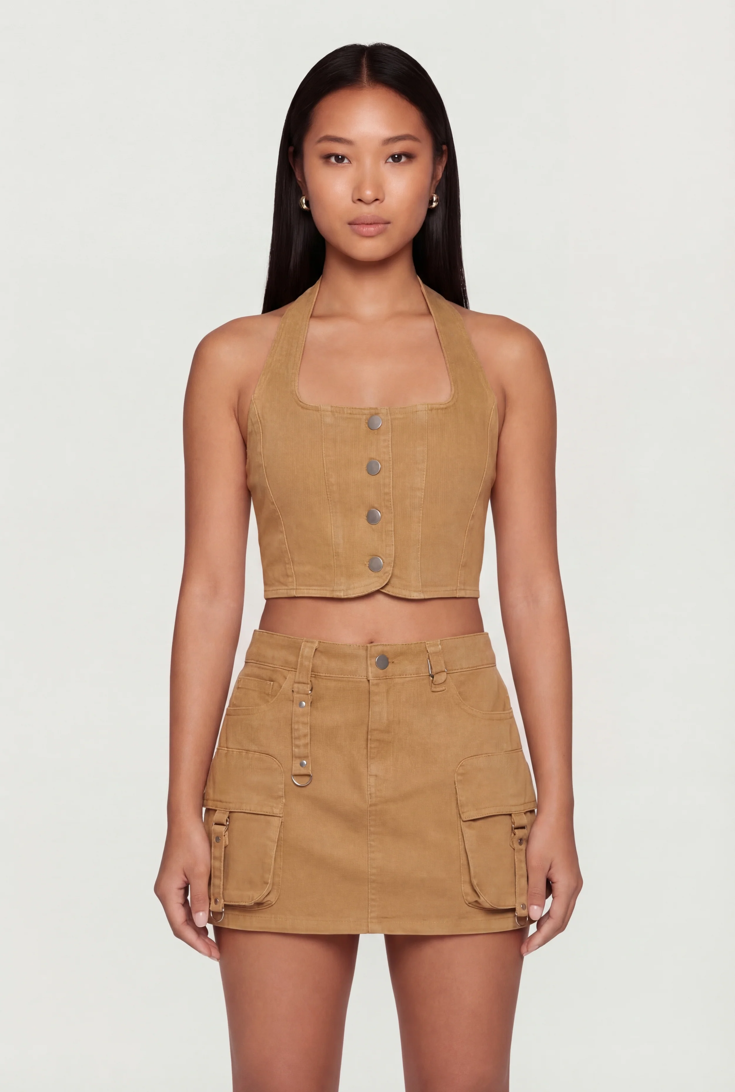 Denim Button Front Cropped Halter Blazer Vest