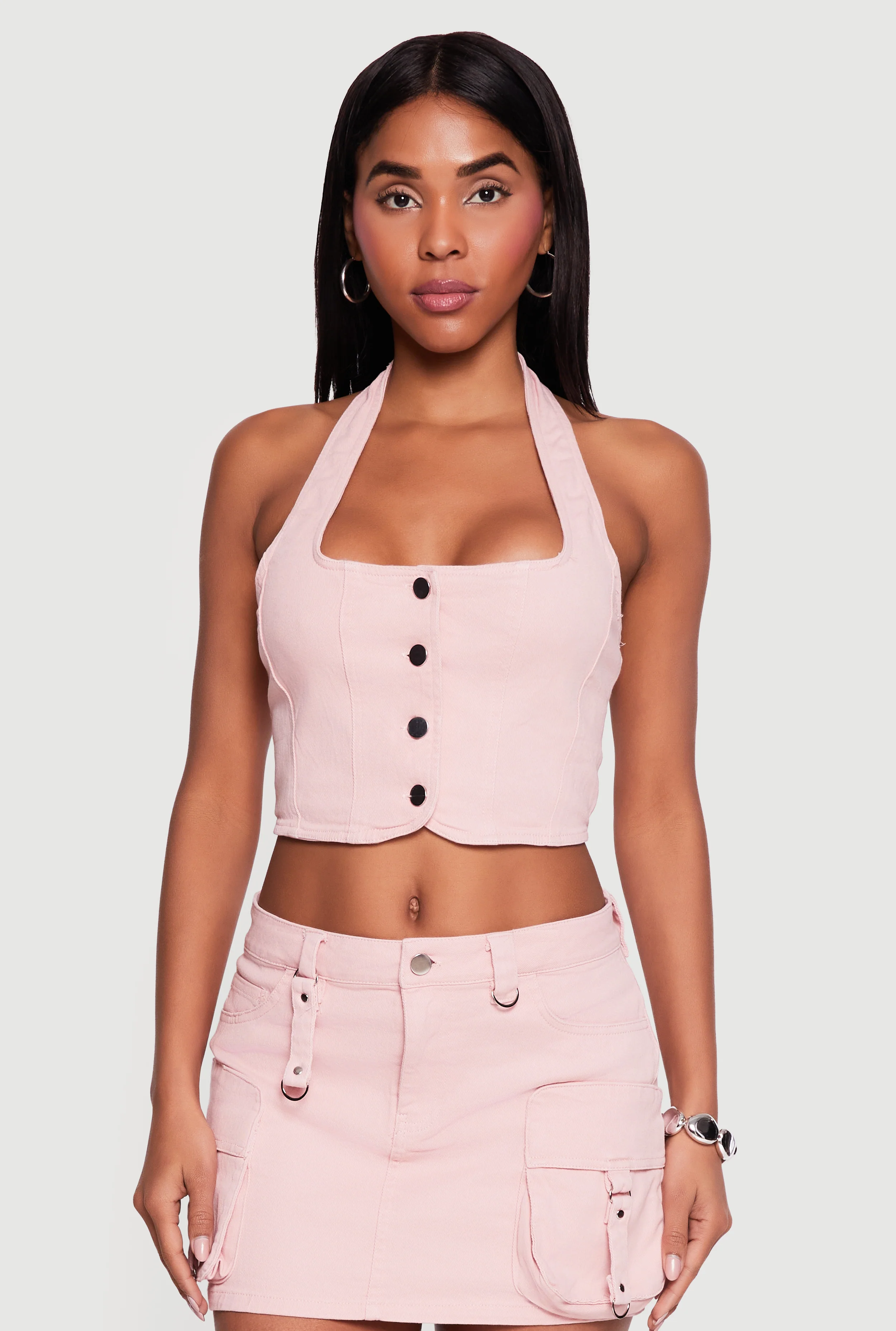 Denim Button Front Cropped Halter Blazer Vest