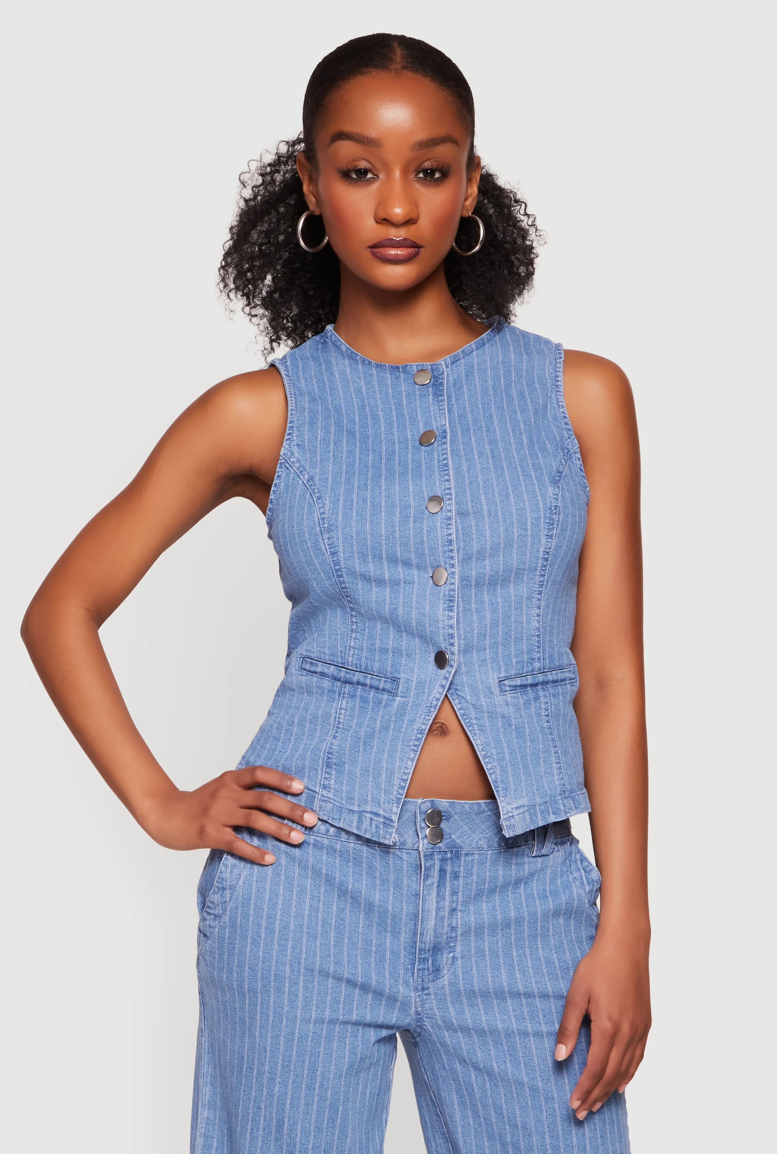 Pinstripe Denim Button Front Blazer Vest