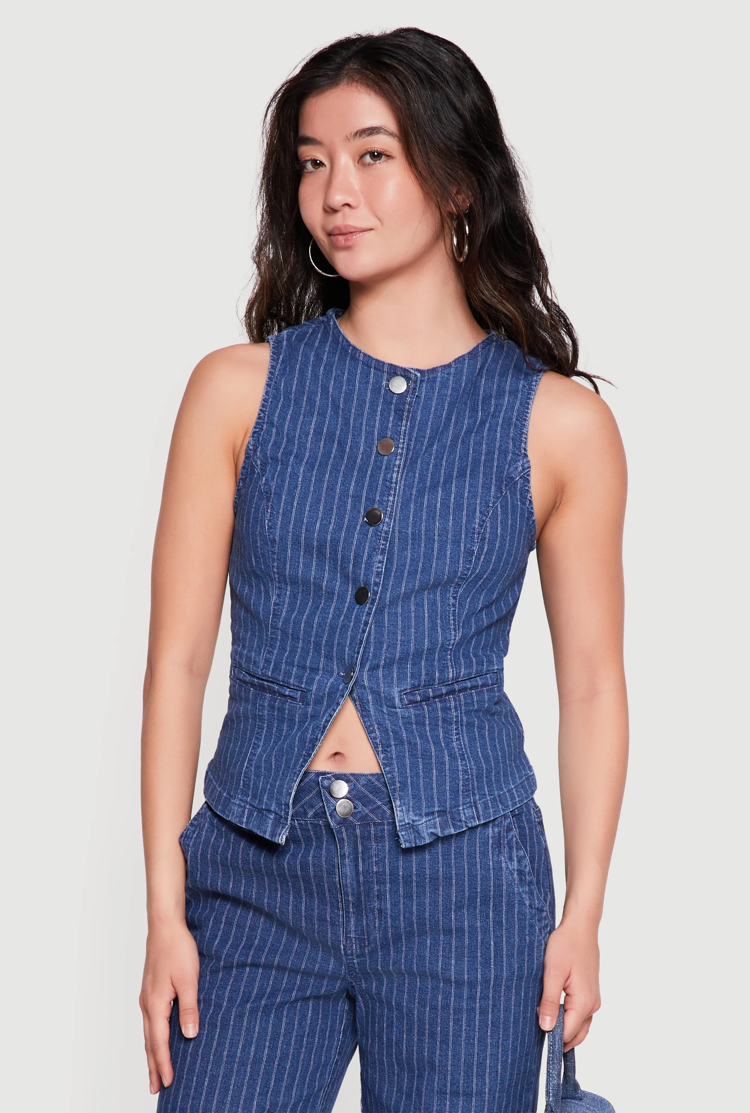 Pinstripe Denim Button Front Blazer Vest