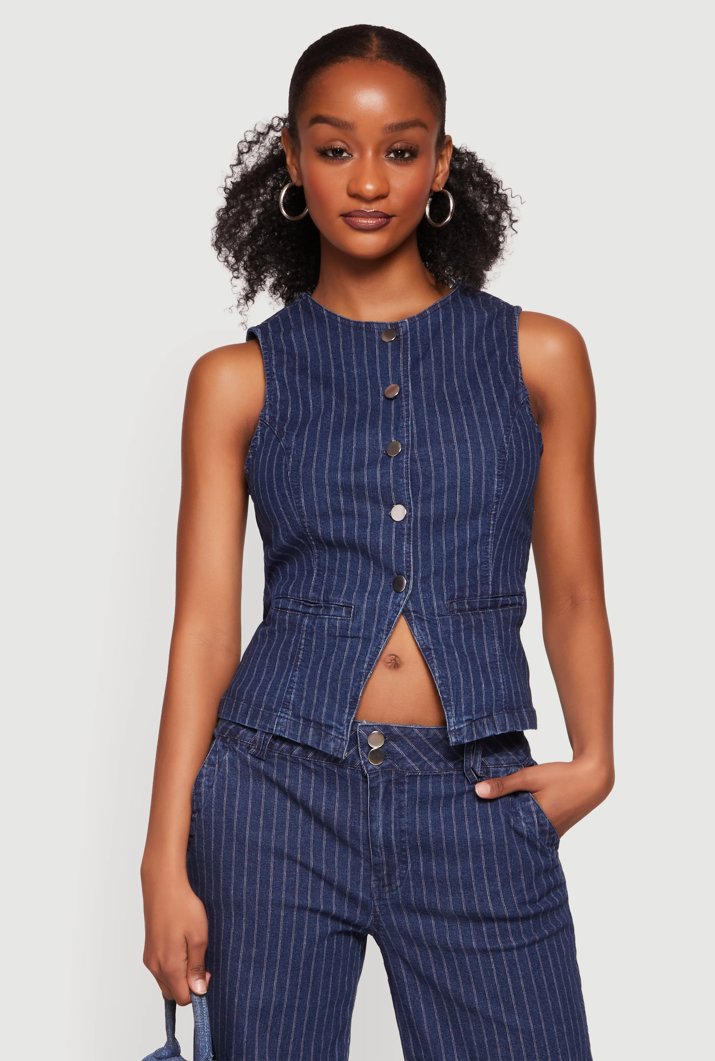 Pinstripe Denim Button Front Blazer Vest