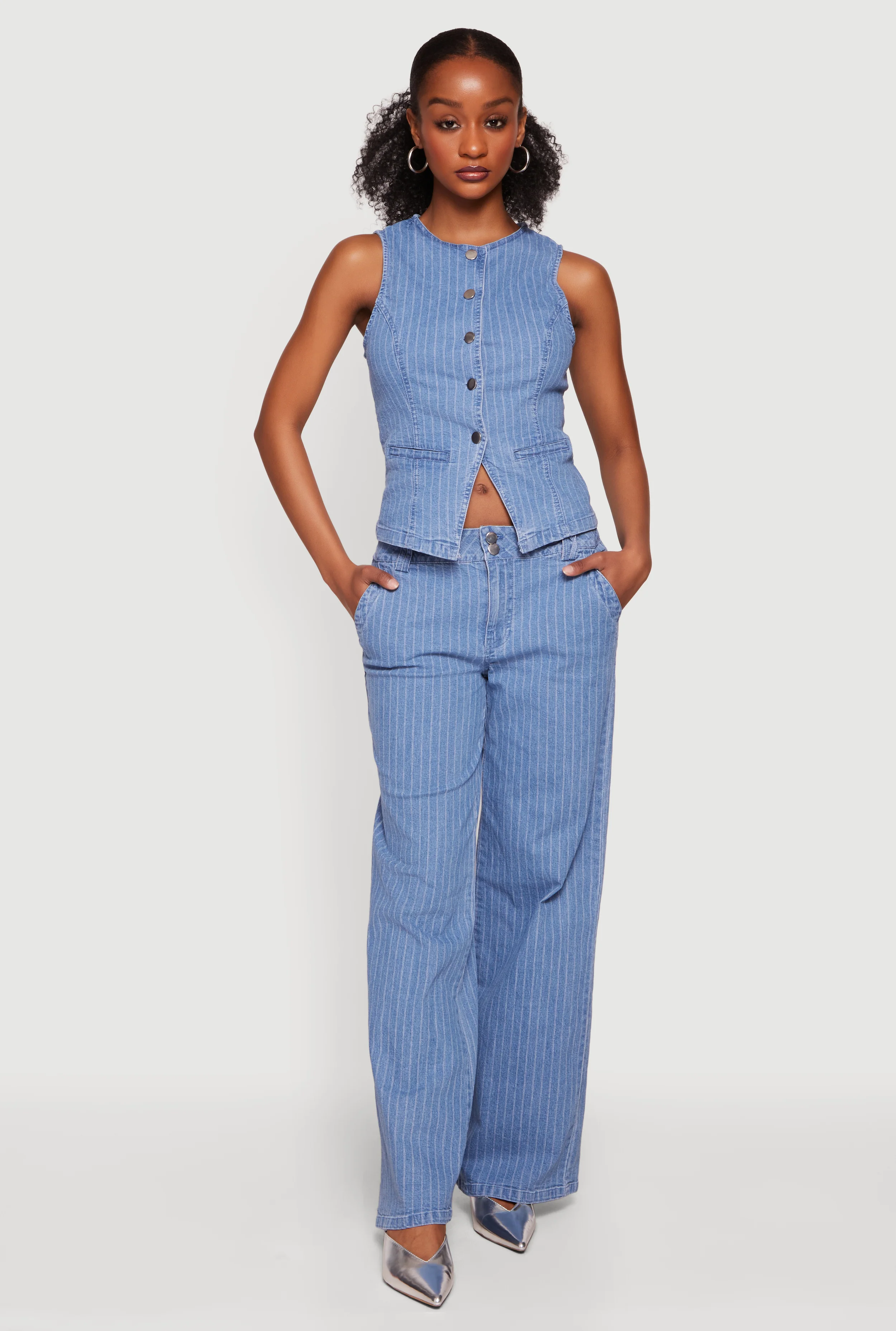 Pinstripe Mid Rise Wide Leg Jeans