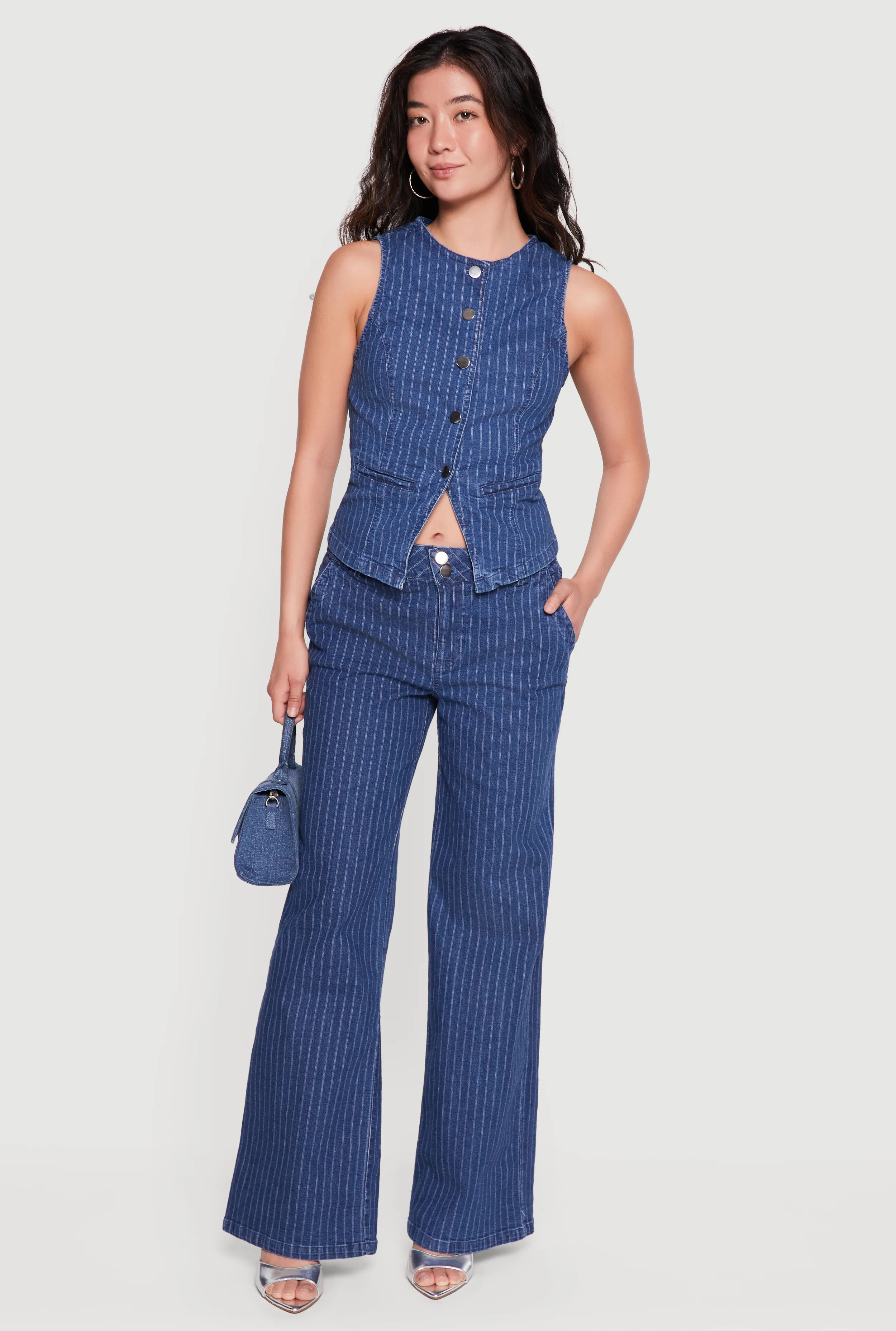 Pinstripe Mid Rise Wide Leg Jeans