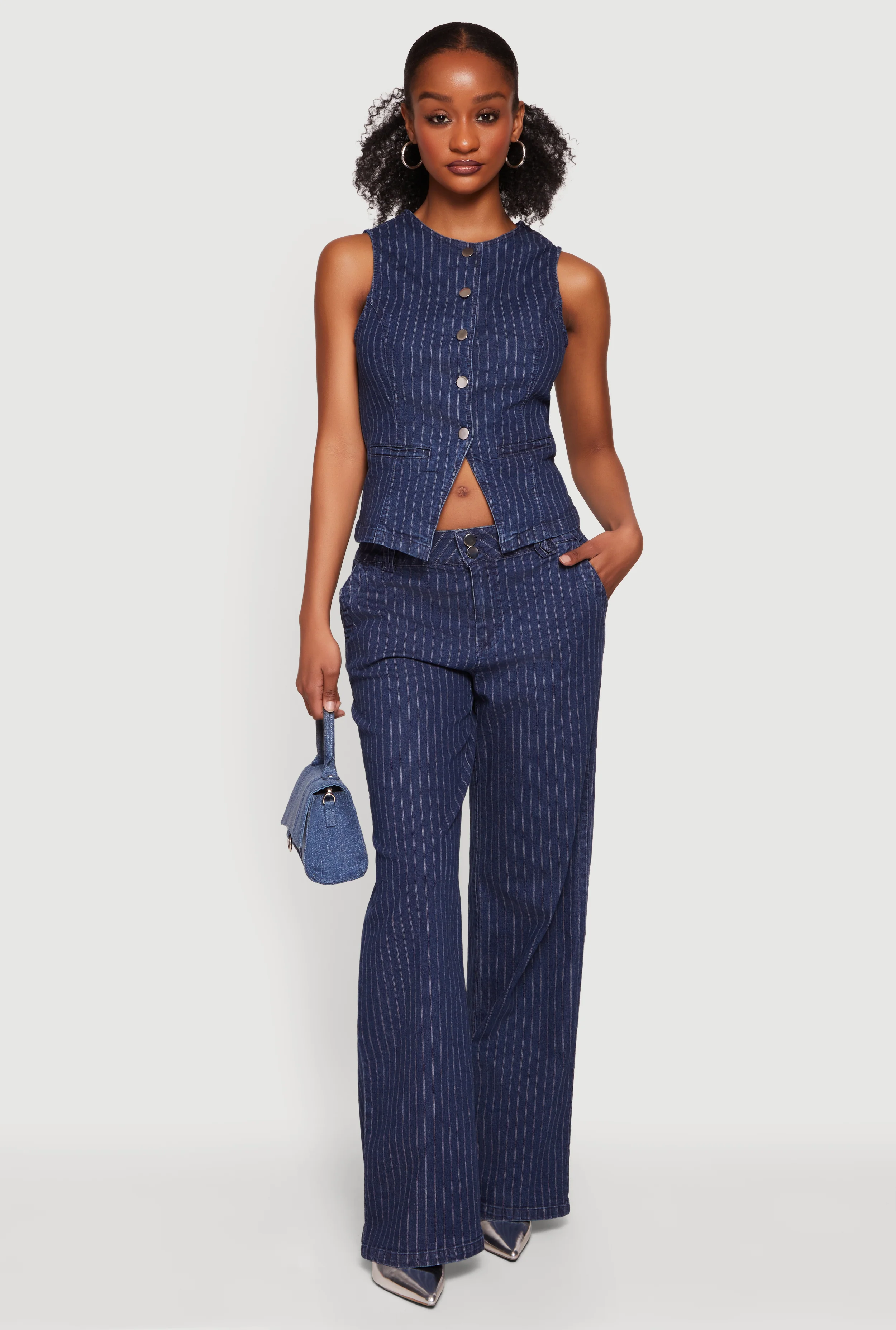 Pinstripe Mid Rise Wide Leg Jeans