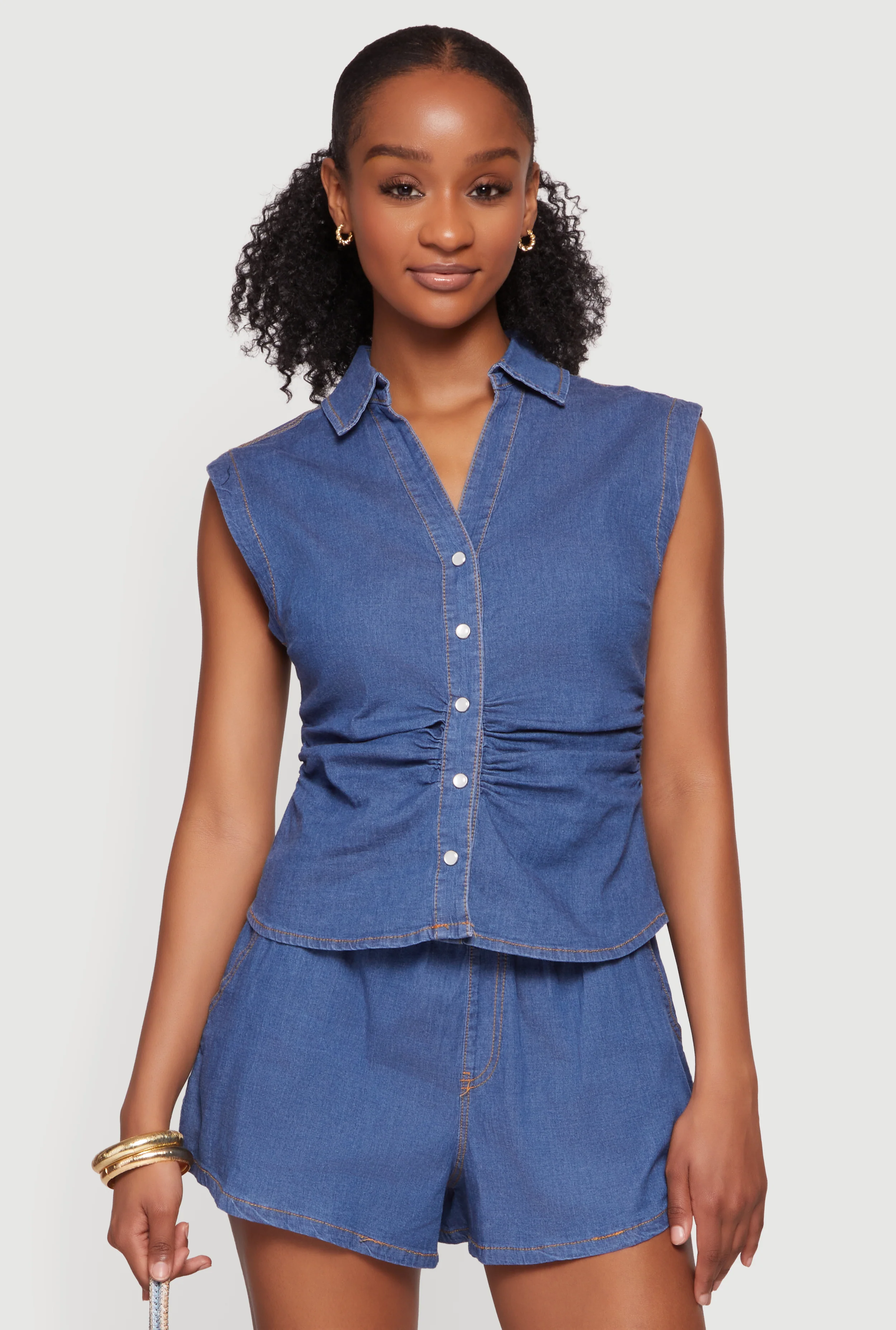 Ruched Snap Button Front Sleeveless Shirt