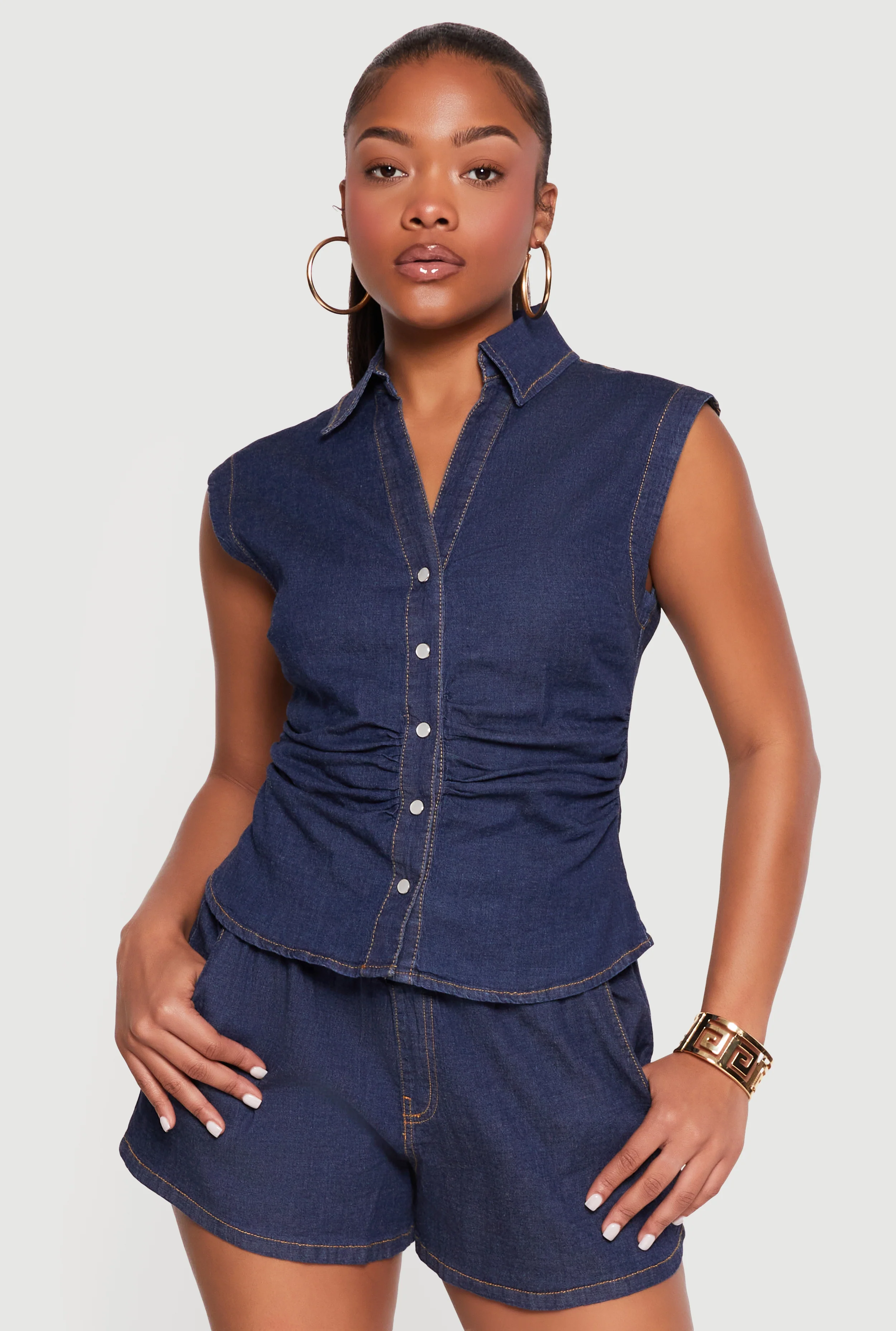 Ruched Snap Button Front Sleeveless Shirt