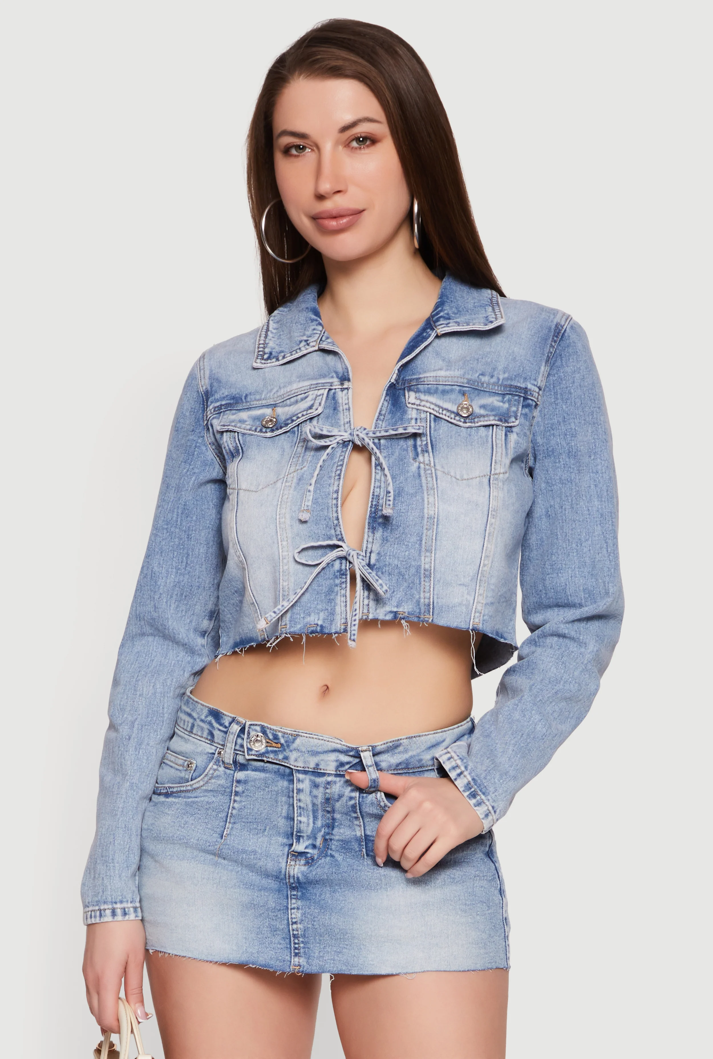 Almost Famous Double Tie Front Cropped Denim Jacket