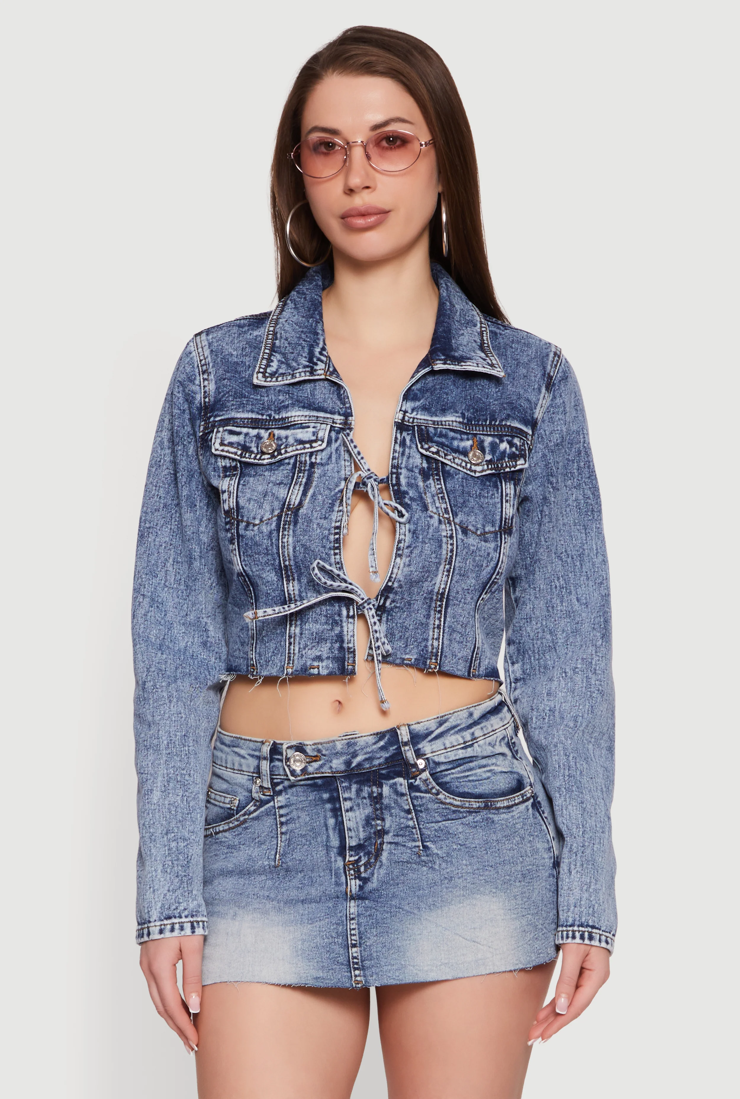 Almost Famous Double Tie Front Cropped Denim Jacket