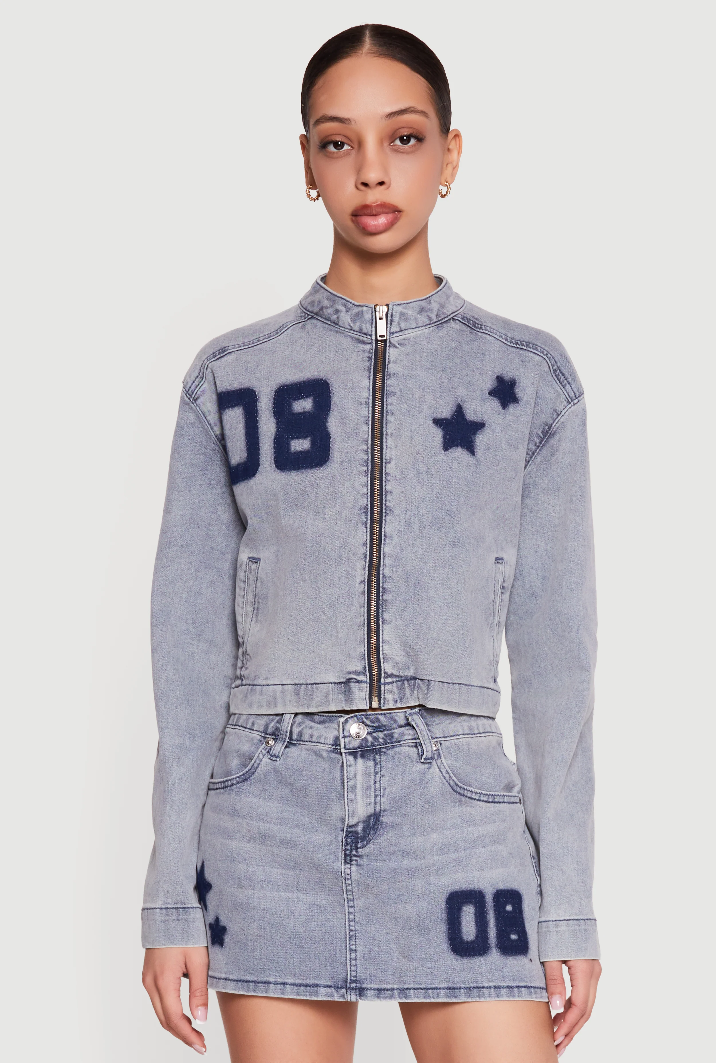 Almost Famous Acid Wash Denim Graphic Zip Front Jacket