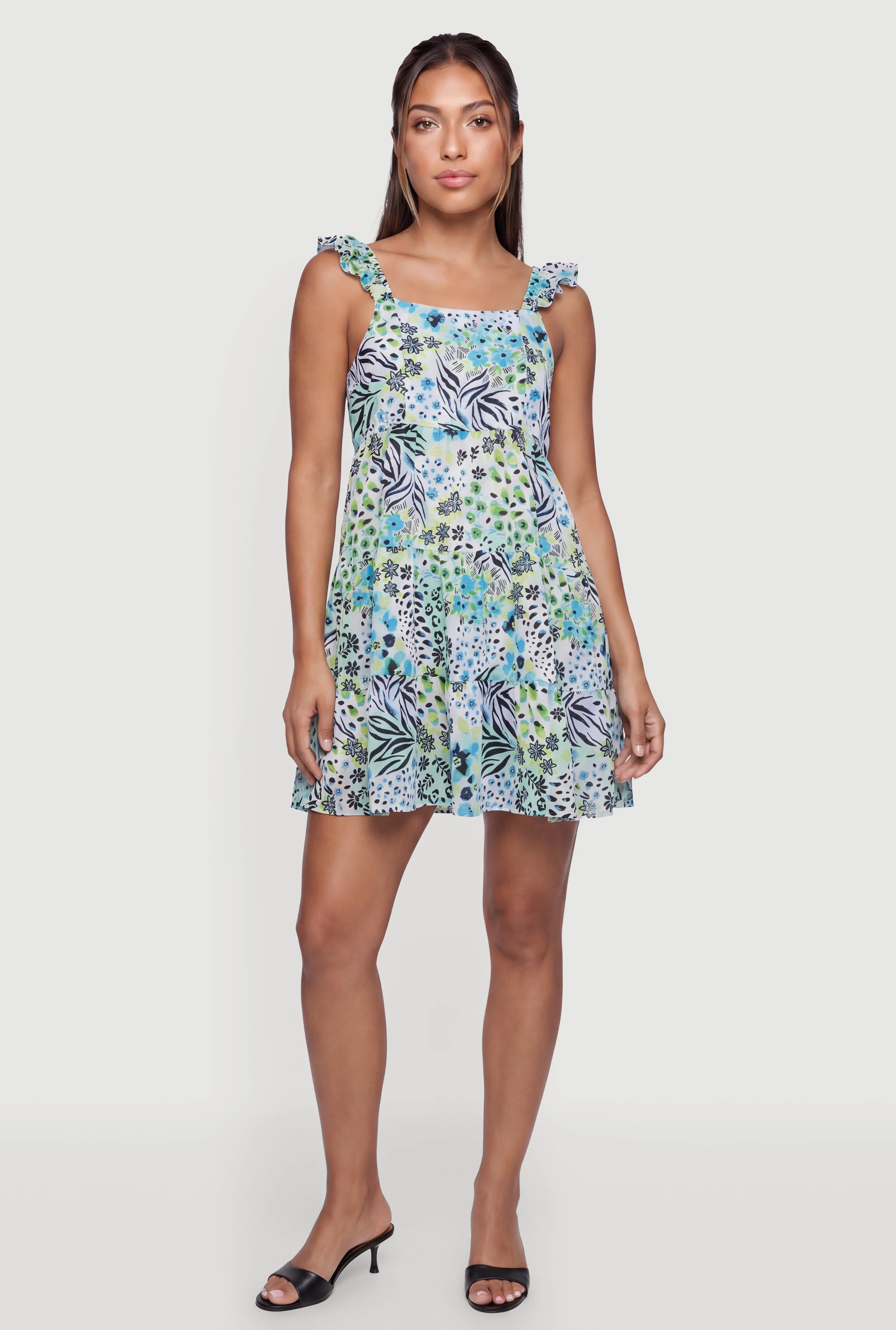 Sleeveless Floral Smocked Back Short Dress with Square Neckline