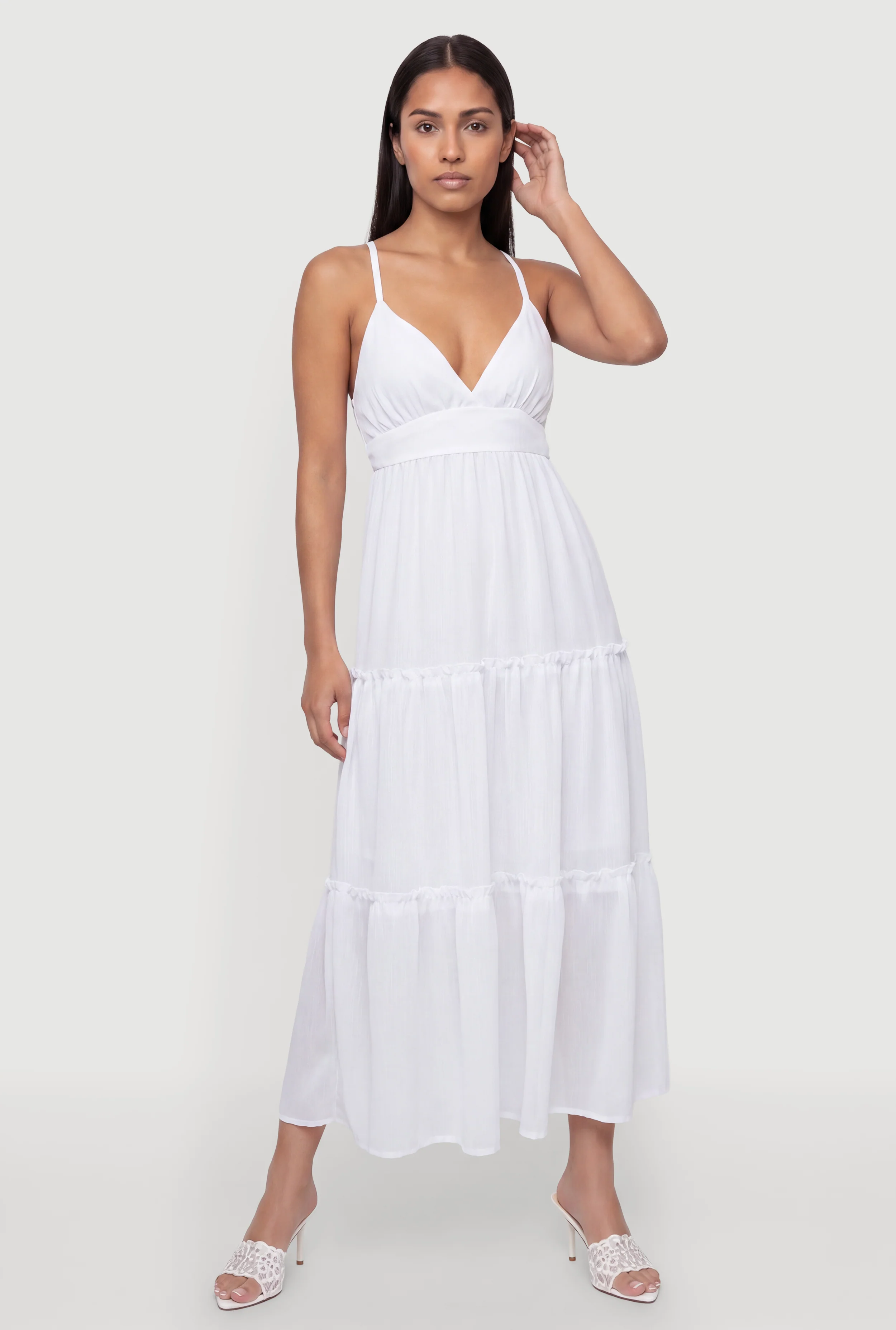 Sleeveless Cross Back Ruffle Tiered Maxi Dress