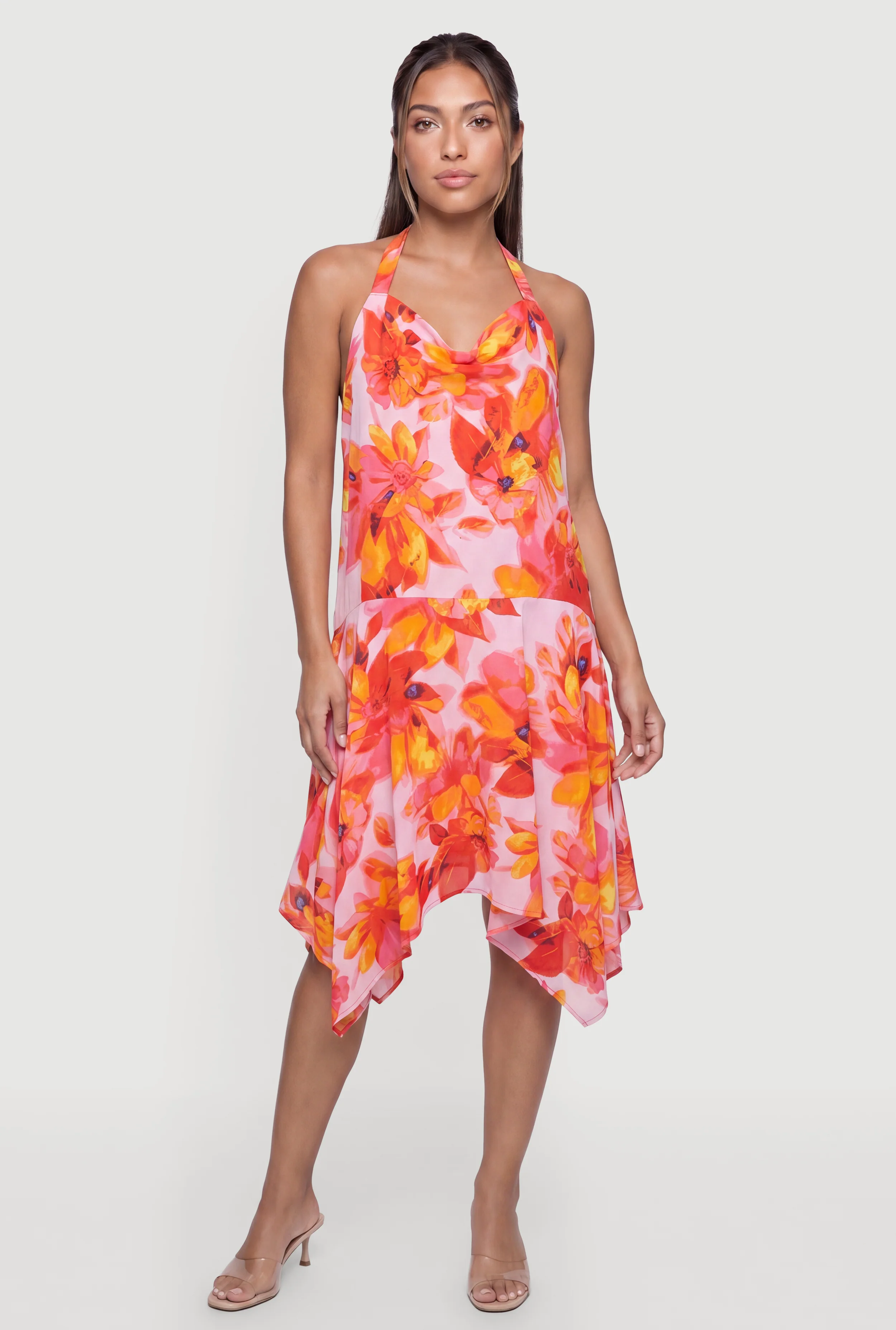 Floral Cowl Halter Neck Sharkbite Hem Dress