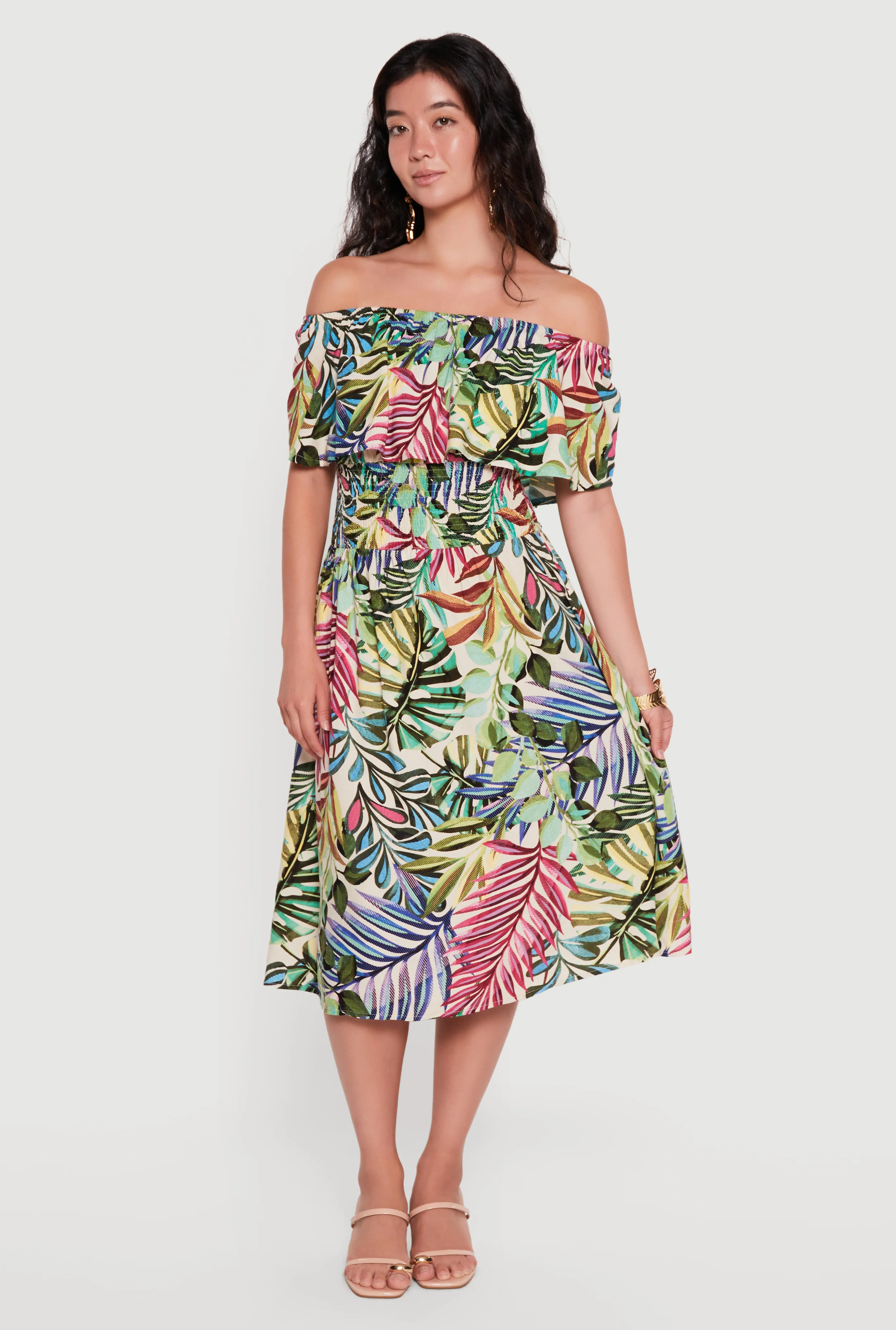 Tropical Palm Leaf Off The Shoulder Midi Dress