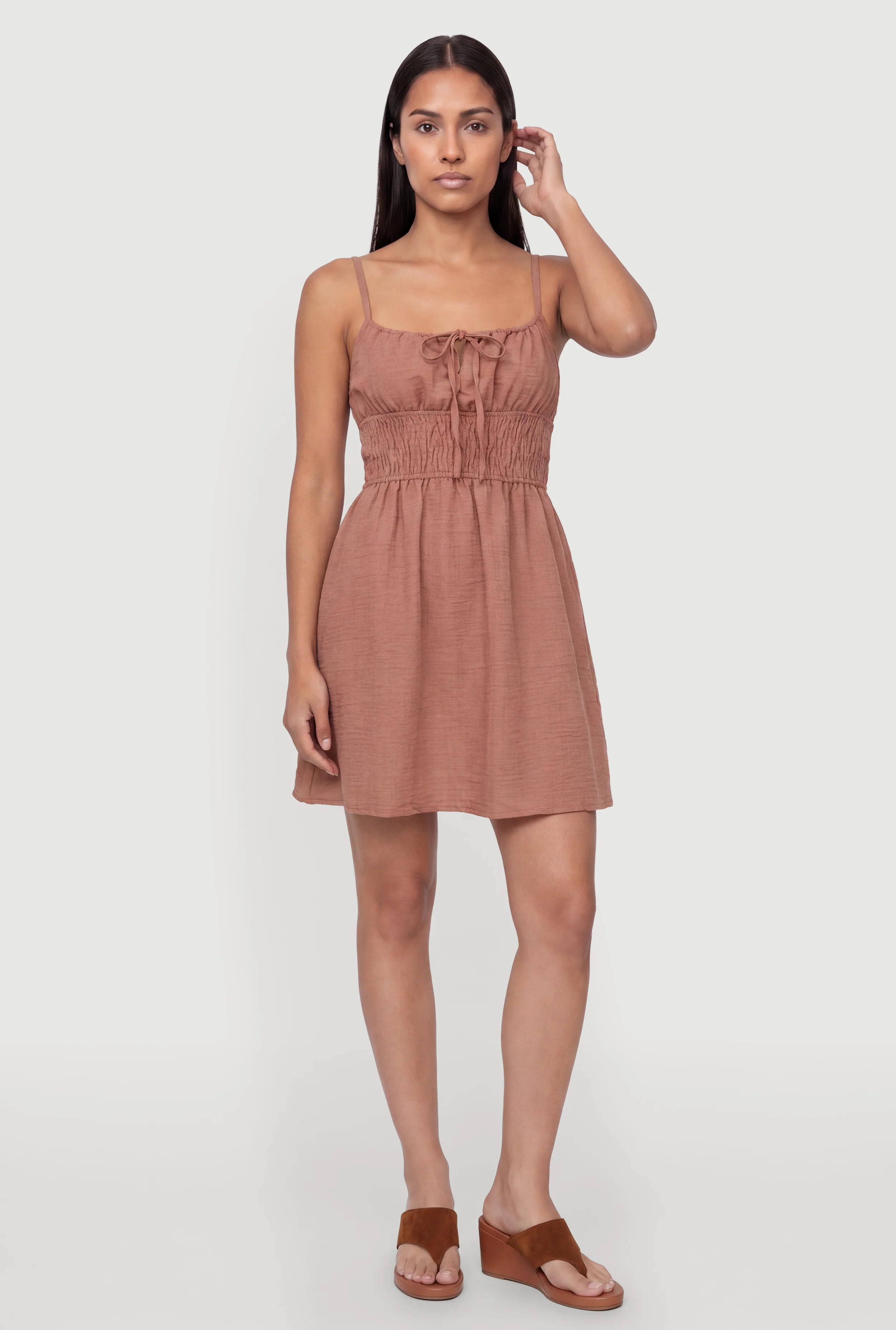 Smocked Tie Front Sleeveless Mini Dress